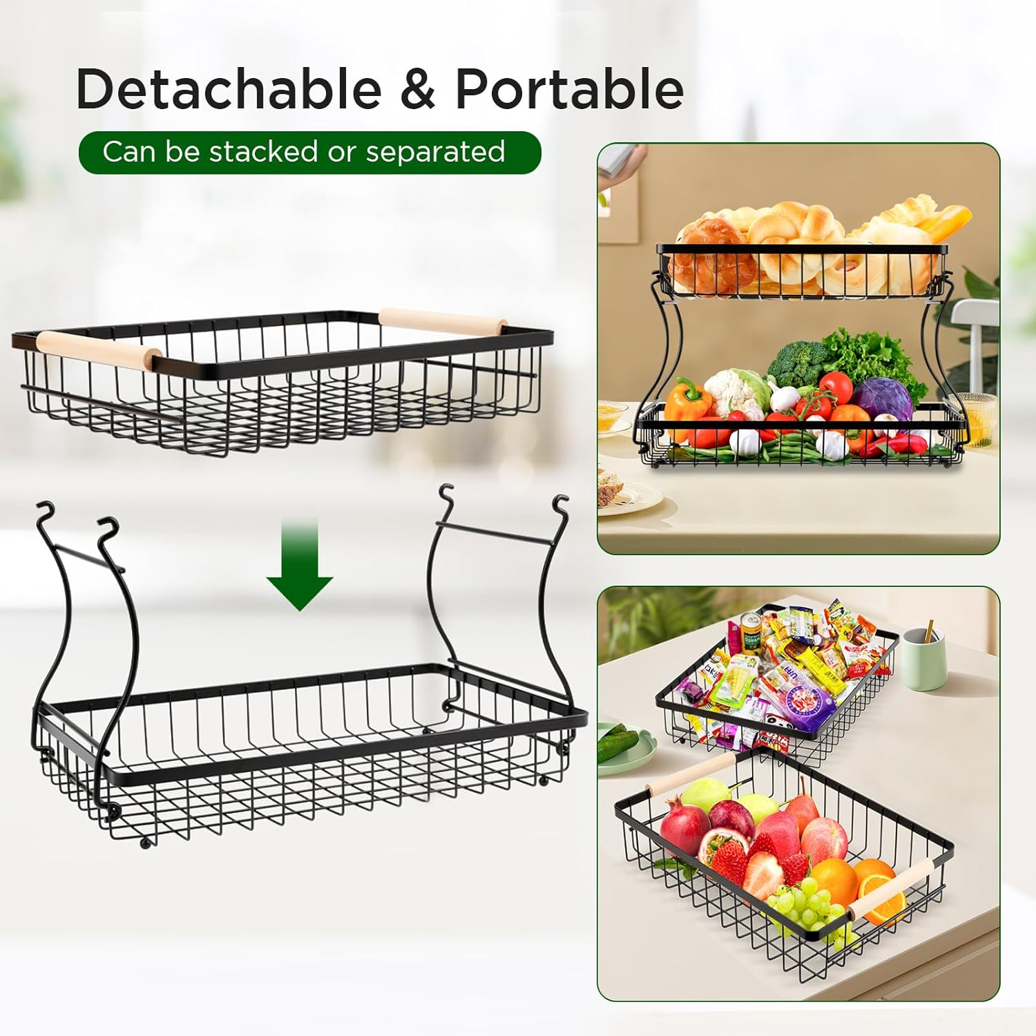 VINATO Fruit Basket, Fruit Stand 2 Tier with Wooden Handles for Kitchen, Bathroom & More - Fruit Stand, Vegetable & Kitchen Organisation, Snack Organiser, Black image number 4