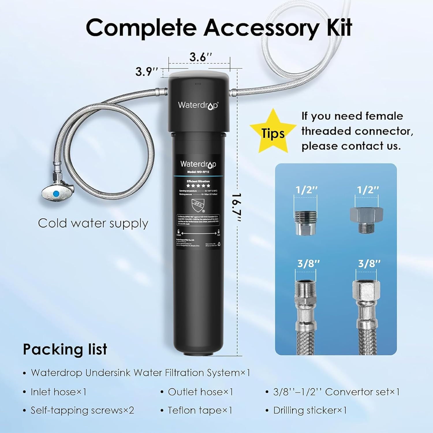 Waterdrop 15UA Water Filter, under Sink Water Filter System, Water Purifier, Reduces Lead, Chlorine, Bad Taste & Odor, under Counter Water Filter Direct Connect to Kitchen Tap, NSF/ANSI 42 Certified image number 5