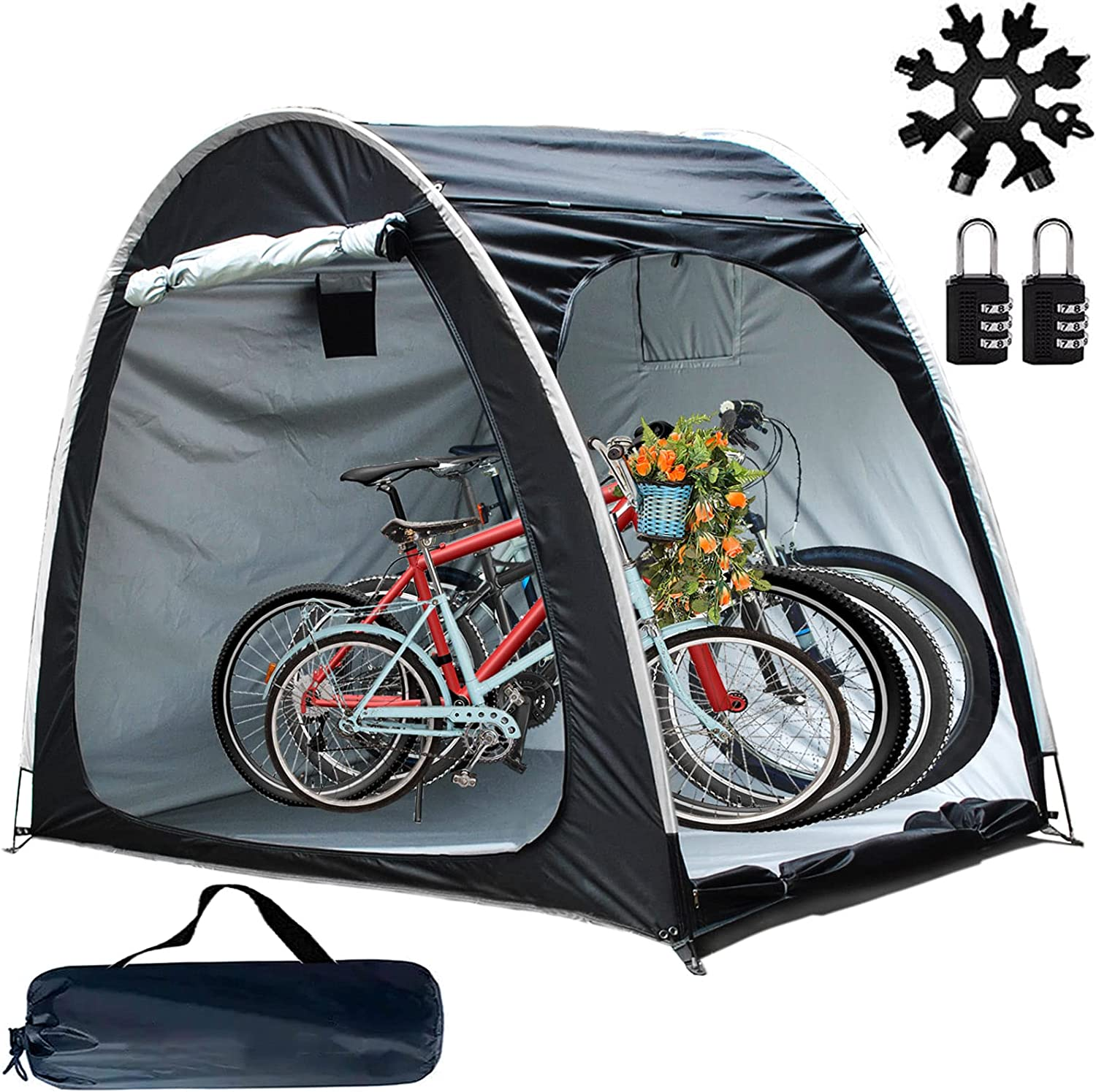 Bike Storage Shed,Bicycle Cover Tent,Heavy Duty Enlarged Style Two Doors Can Store 3-4 Bicycles Oxford Fabric Material,With Waterproof Coating,With Multi Tool and 2Pcs Combination Lock (Black) image number 1