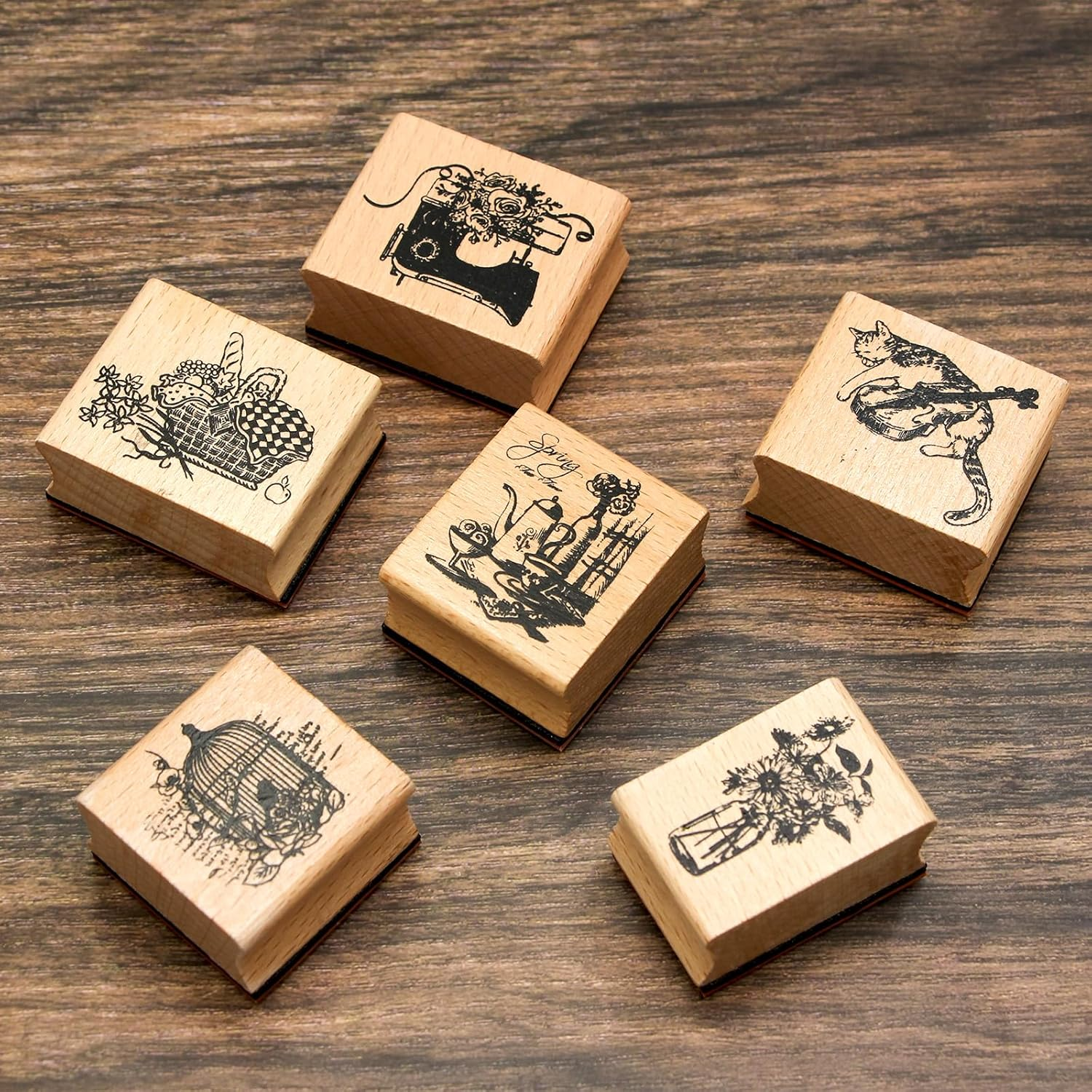 6PCS Wood Rubber Stamp Set, Multipurpose Vintage Rubber Seal, Art Stamps for Scrapbook, DIY Card Making, Bullet Journals and Arts & Craft image number 4