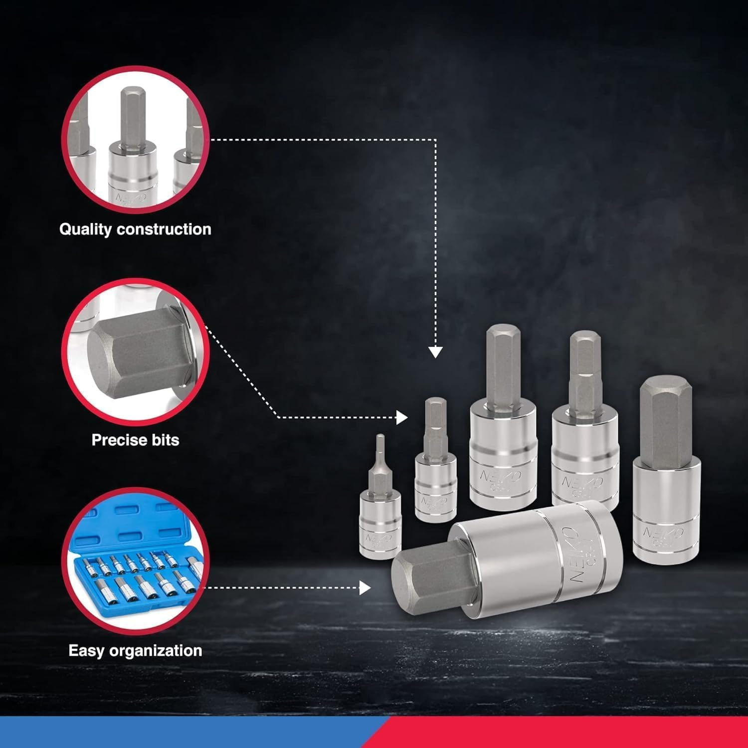 Neiko 10075A Hex Bit Socket Set, S2 Steel | 13-Piece Set SAE image number 3