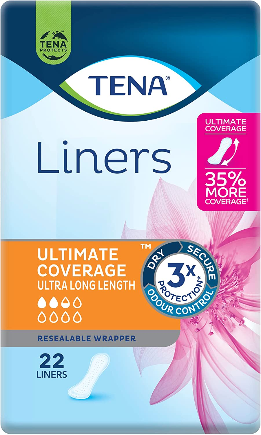 TENA Ultra Long Length Liner, Light Incontinence, Pack of 22