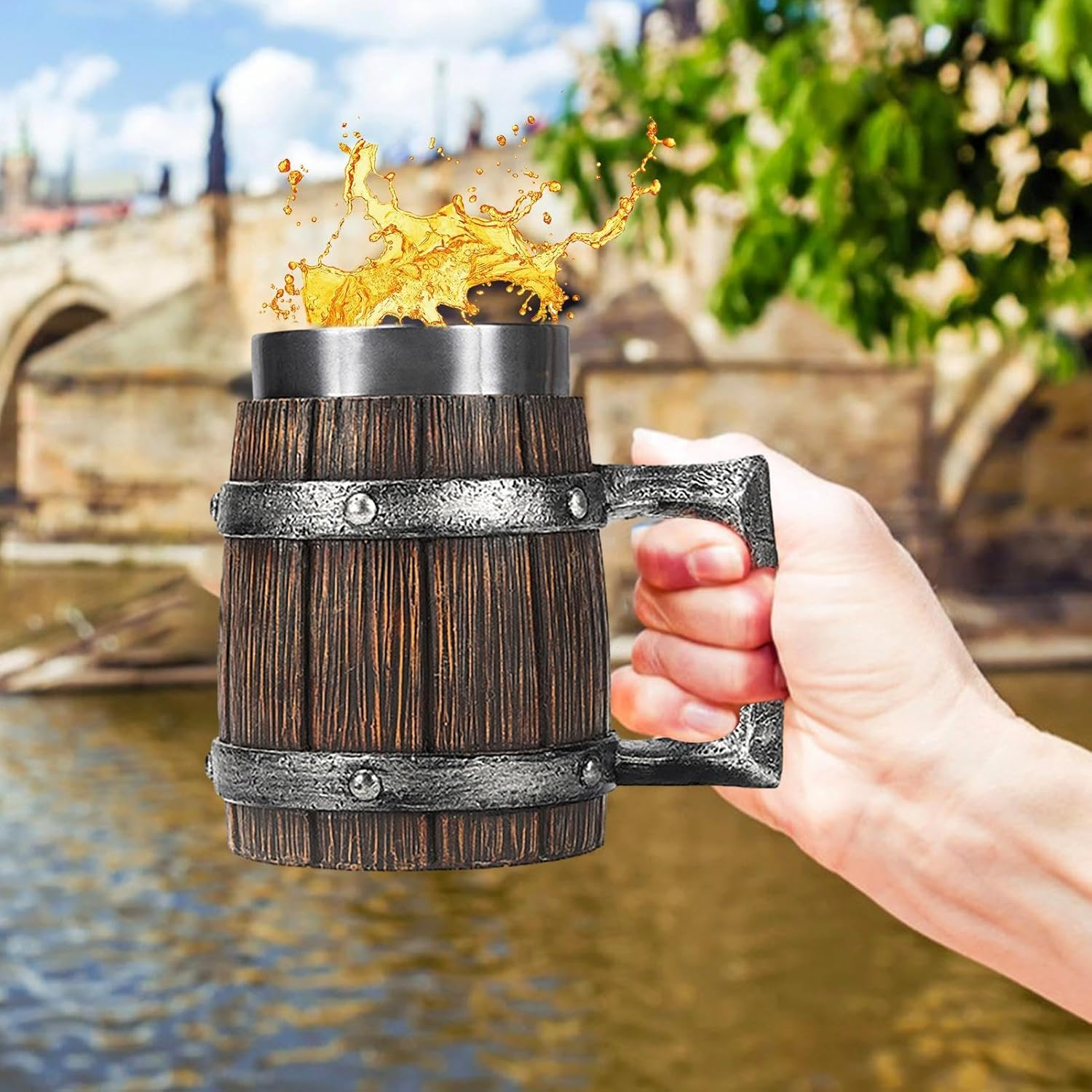 Pirate Stein Beer Stein Beer Mug Funny Large Creative Stainless Steel Large Capacity Bar Mug Vintage Tankard Large Beer Mug 600Ml Wood Stainless Steel Barrel Beer Mug Barrel Beer Mug Coffee Cup Liquor image number 3