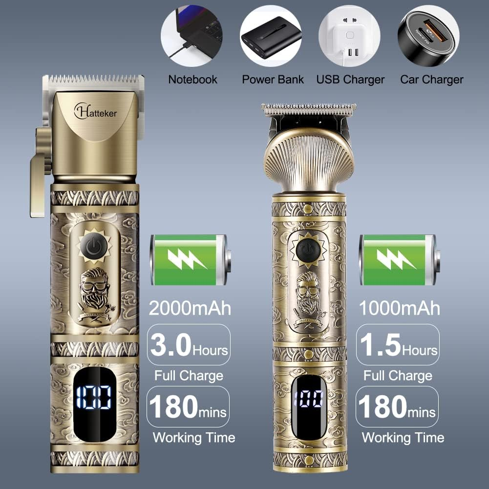 Hatteker Professional Hair Clipper and T-Blade Trimmer Set for Men, Cordless Rechargeable Barber Clipper Beard Nose Hair Trimmer Multipurpose Grooming Kit LED Display(Gold) image number 3