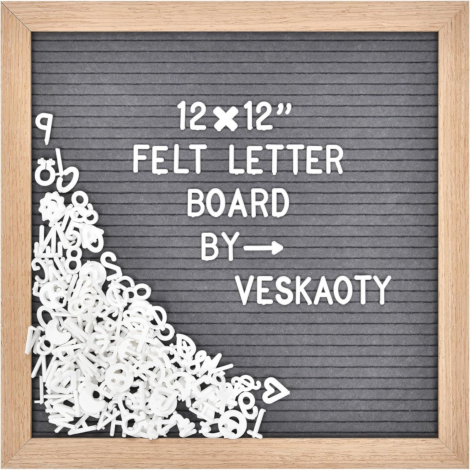 Veskaoty Felt Letter Board with 460 Letters, Numbers & Symbols - 12 X 12 Inch Changeable Message Board with Wooden Frame Wall Mount Hook, (Gray Board & Wood Frame), (PL-GW-12B)