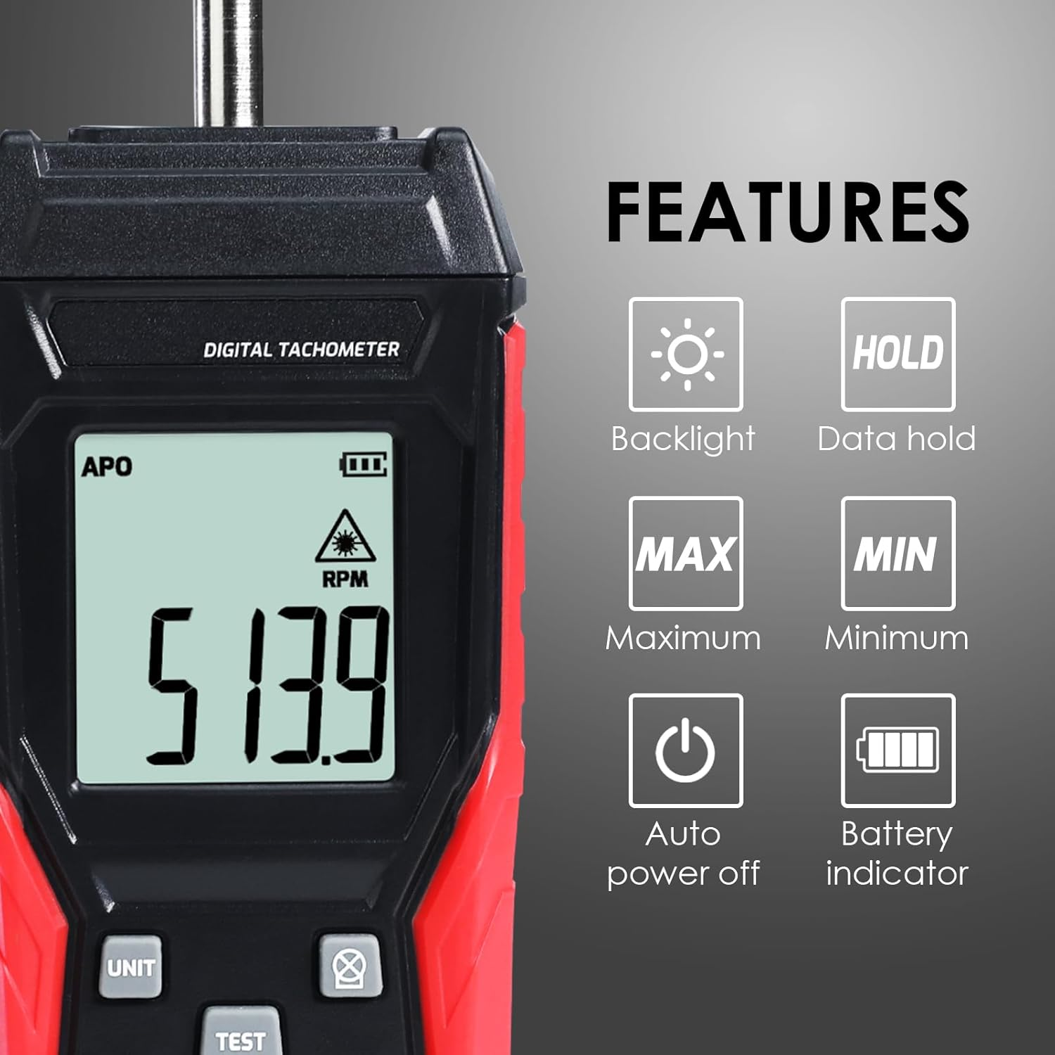Digital Tachometer Non Contact RPM Meter Laser Photo Tachometer 3~100,000Rpm, Contact RPM Tachometer Gauge Speed Meter with Data Hold, Max/Min image number 5