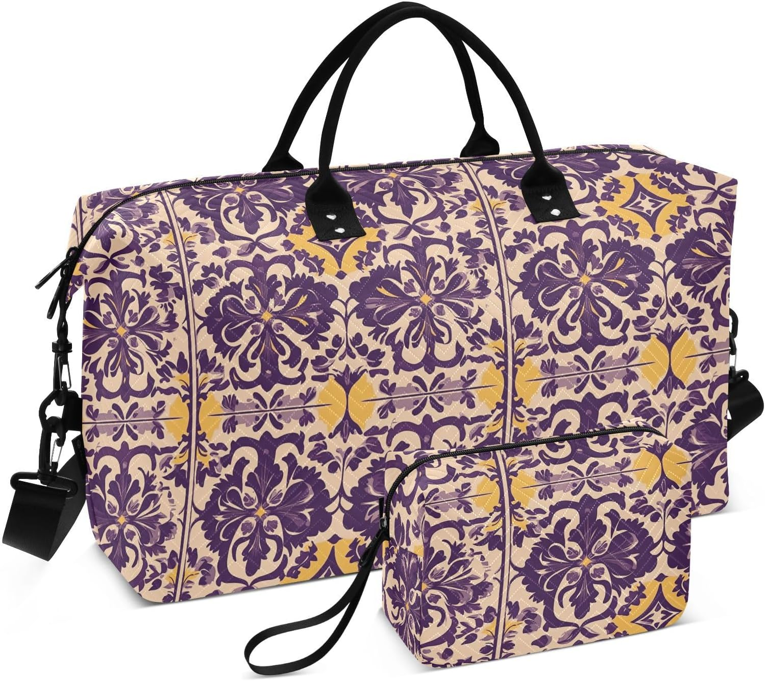 Travel Bag Travel Weekender Gear Bag Travel Tote Gym Bag with Adjustable Strap for Sports Multifunctional, Country Style Flower Pattern Purple and Yellow