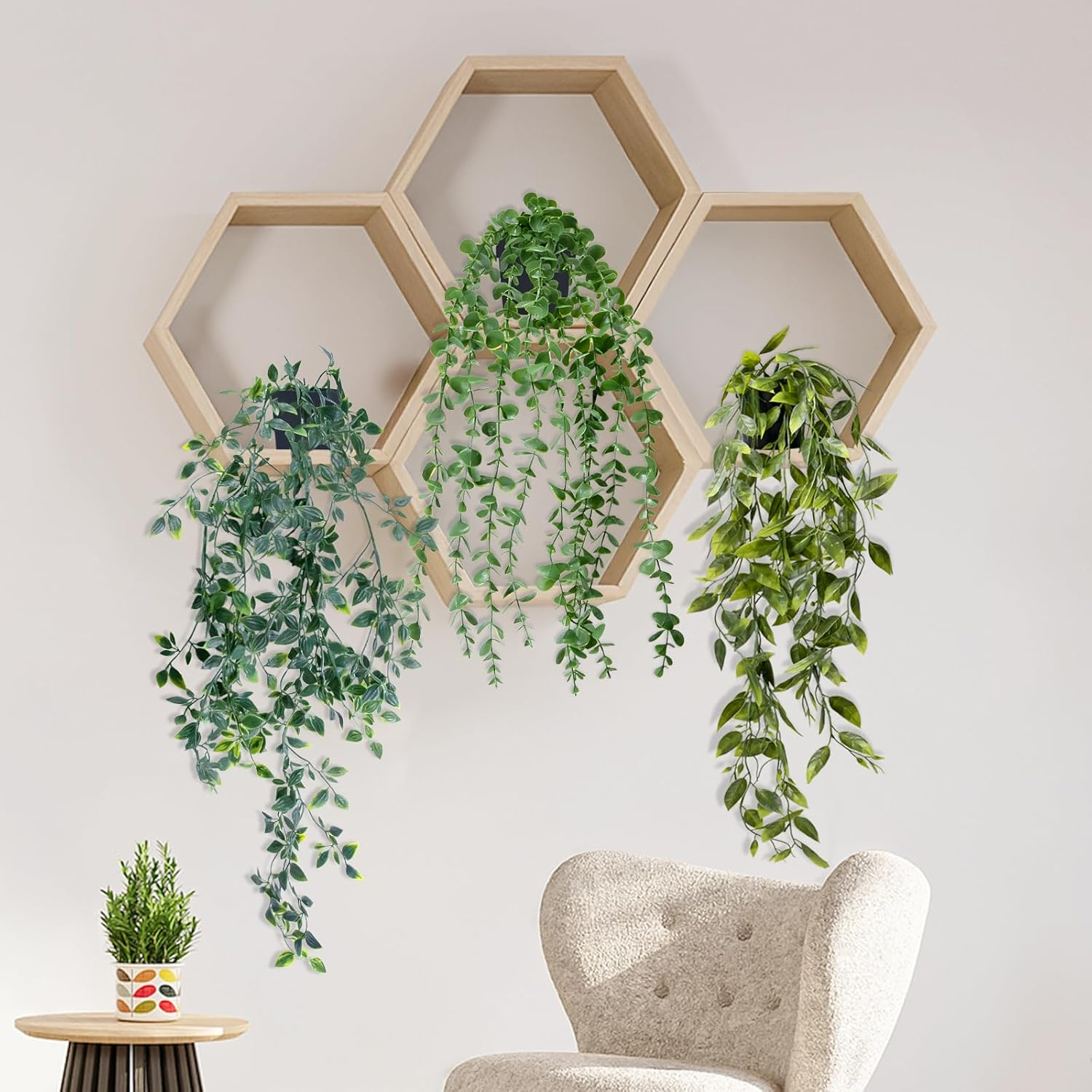 IHKFILAN Artificial Hanging Plant, 3 Packs Fake Plants, Artificial Hanging Plants Potted Greenery Decor, Eucalyptus Mandala Snow Pea Vine in Pot Plants for Office Farmhouse Home Indoor Outdoor Decor image number 3