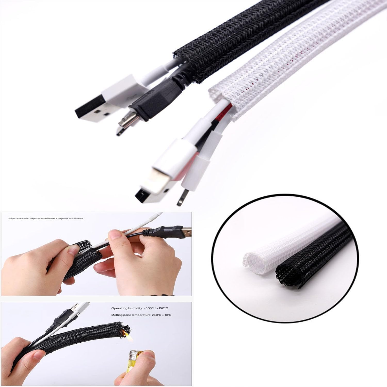 FRYI888YUNK Pet Cord Protector, 6.6Ft (2M) - 1/2 Inch Expandable Braided Cable Sleeve, Chew Resistant Cord Cover for Dogs & Cats, Flexible Wire Loom for Home, Office, USB, Power & Audio Cables (White) image number 3