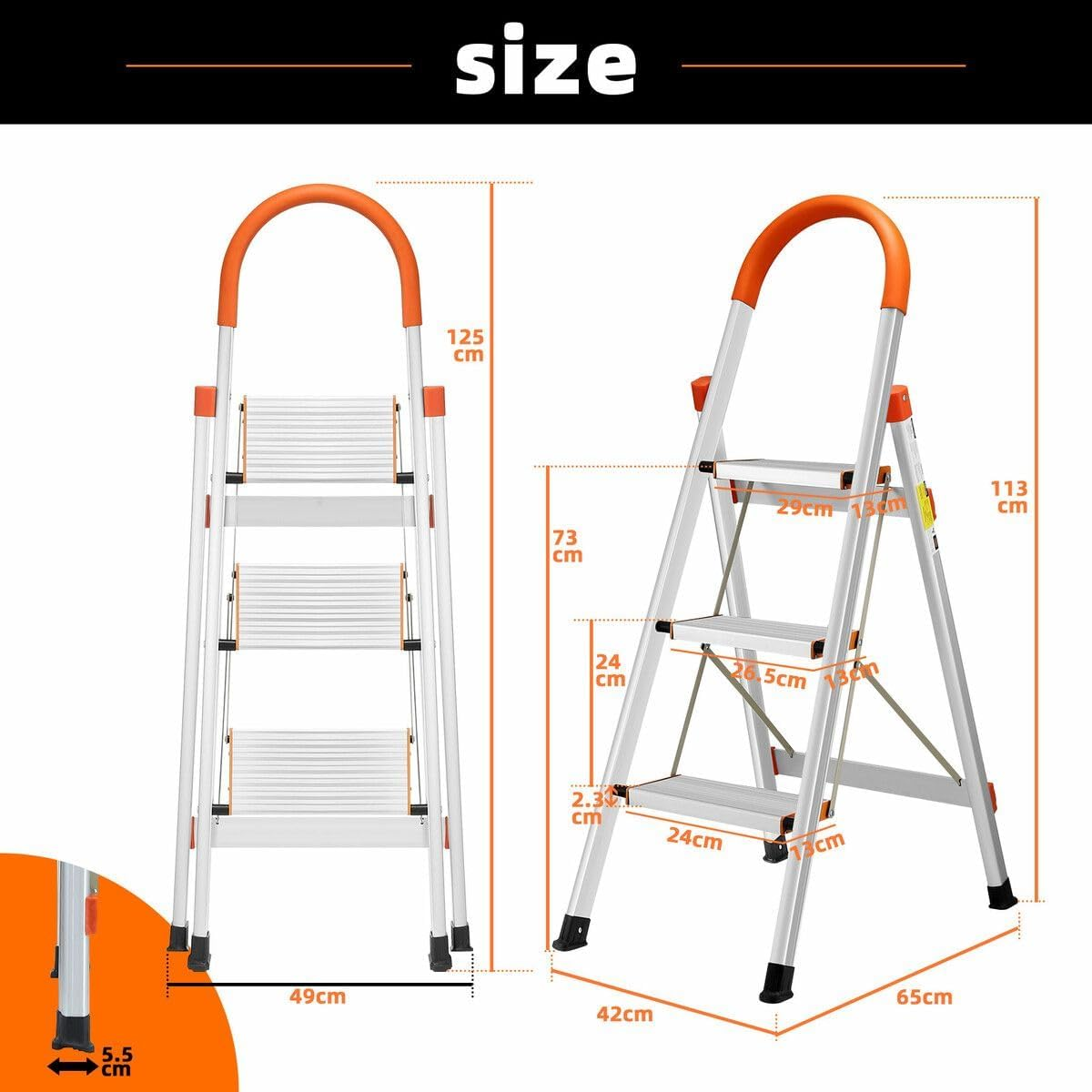 3 Step Folding Ladder Foldable Stool Collapsible Platform Aluminium Portable Lightweight Stairs Stepladder with Foam Handrail image number 2