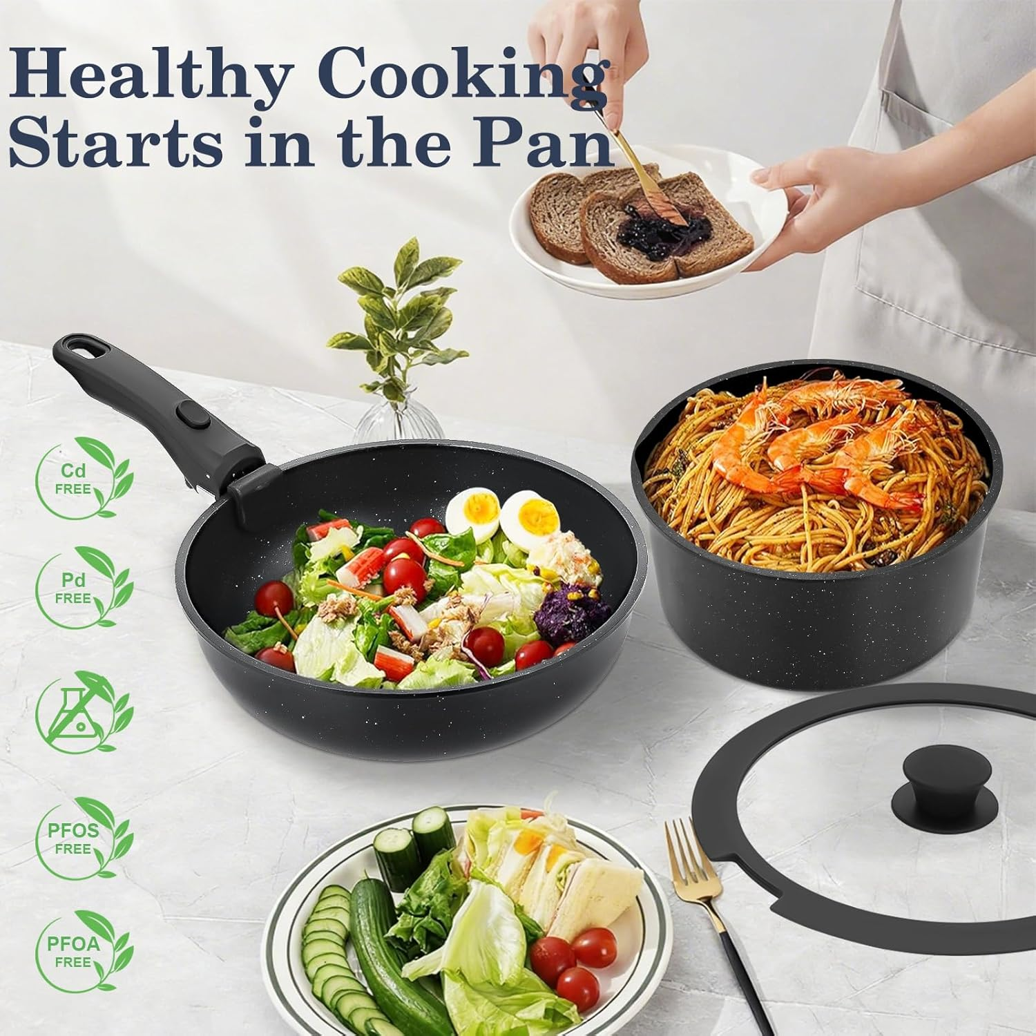 15 Piece Pots and Pans Set, Safe Nonstick Cookware Set Detachable Handle, Induction Kitchen Cookware with Removable Handle, RV Cookware Set, Dishwasher & Oven Safe image number 1