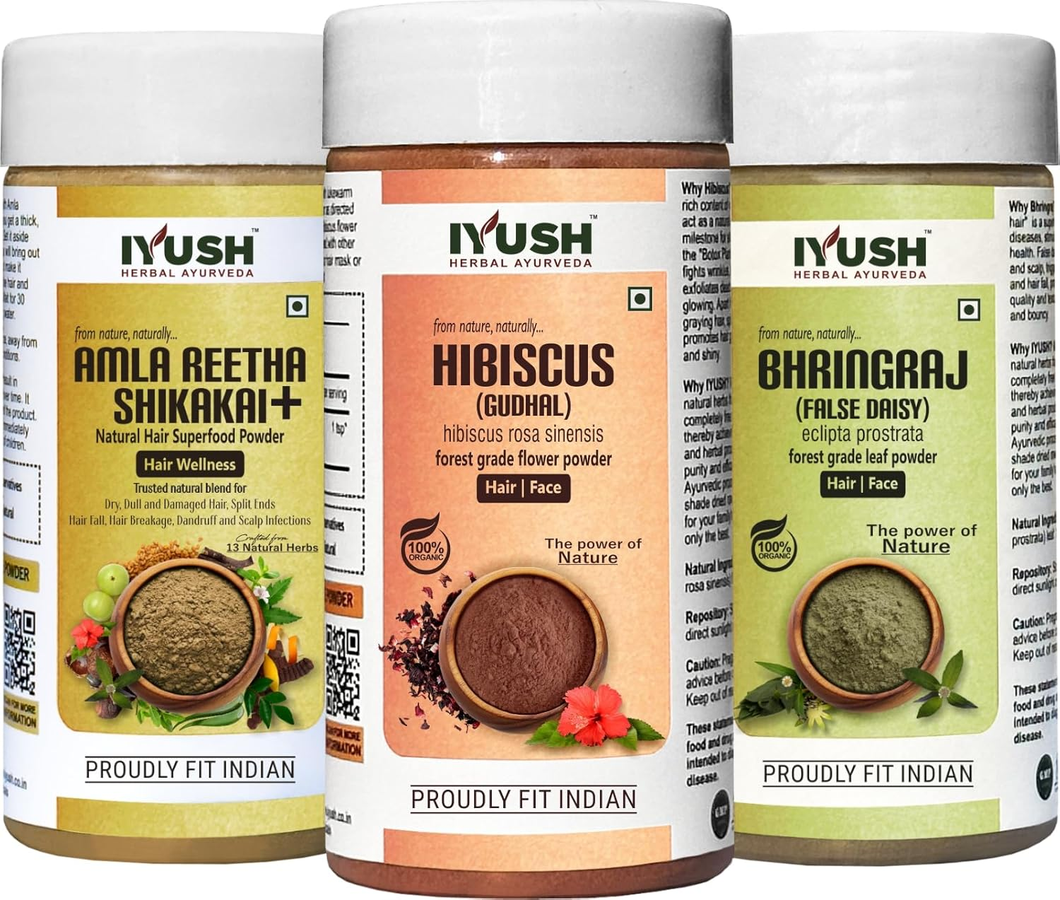 IYUSH Herbal Ayurveda Amla Shikakai Reetha Powder for Hair with 13 Herbs plus Bhringraj Powder and Hibiscus Powder for Hair Growth &ndash; 300Gm | Herbal Hair Wash Powder | Hair Volume Powder | 100Gm Each image number 1