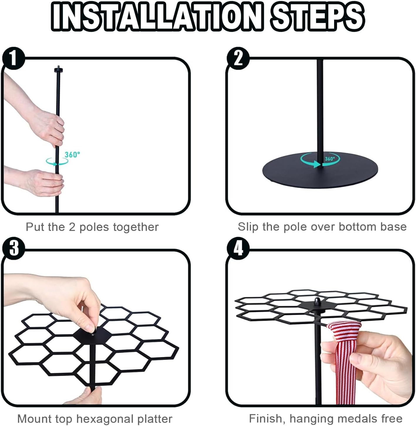 BEANPRECOY Rotatable Medal Hangers | Metal Medal Rack with 45-Medal Capacity | Tabletop Display Holder for Sports, Marathon Races & Runners | Sleek Black Design