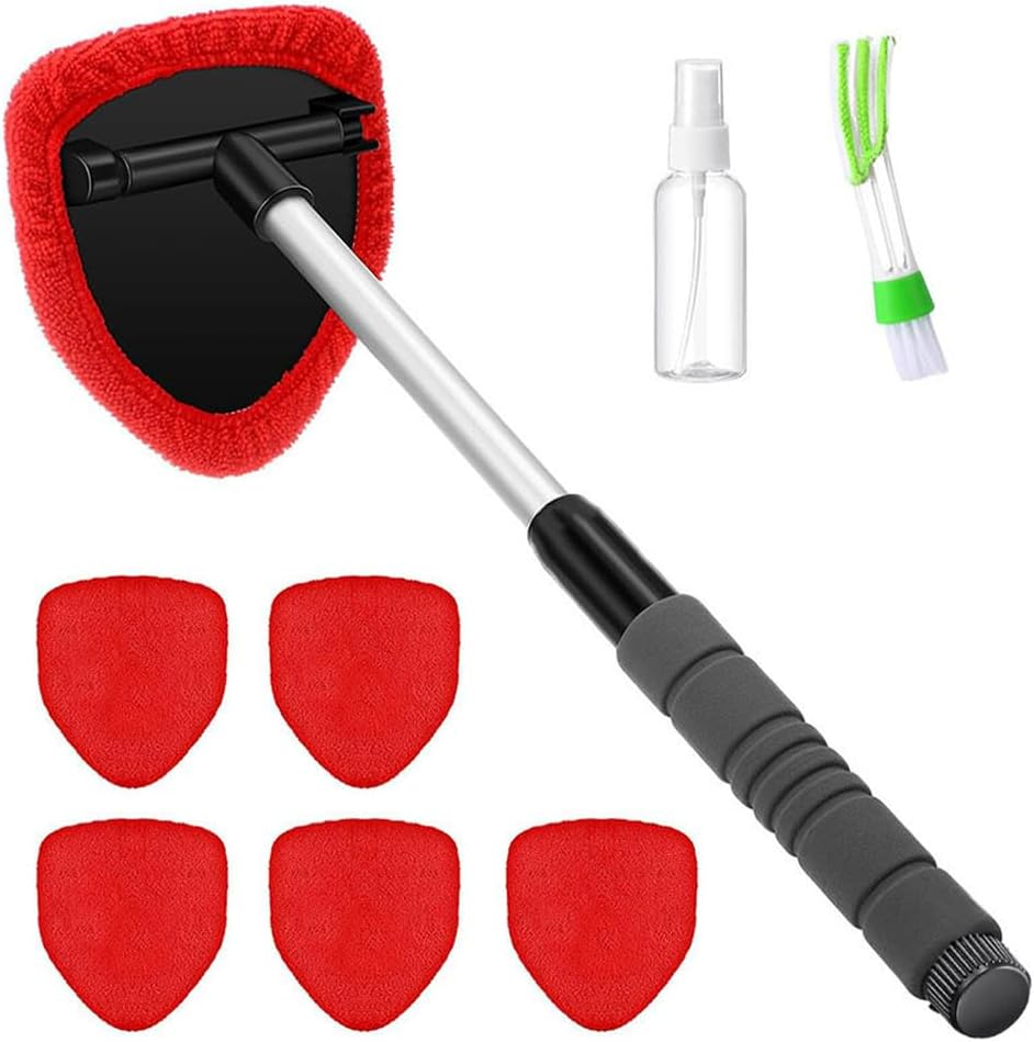 9 Pcs Car Window Cleaner Kit with Extendable Handle Include Triangle Retractable EVA Pole 6 Red Cloth Covers Spray Bottle and Detail Brush for Car Detailing, Trucks, Suvs, Rvs & Home Windows image number 1