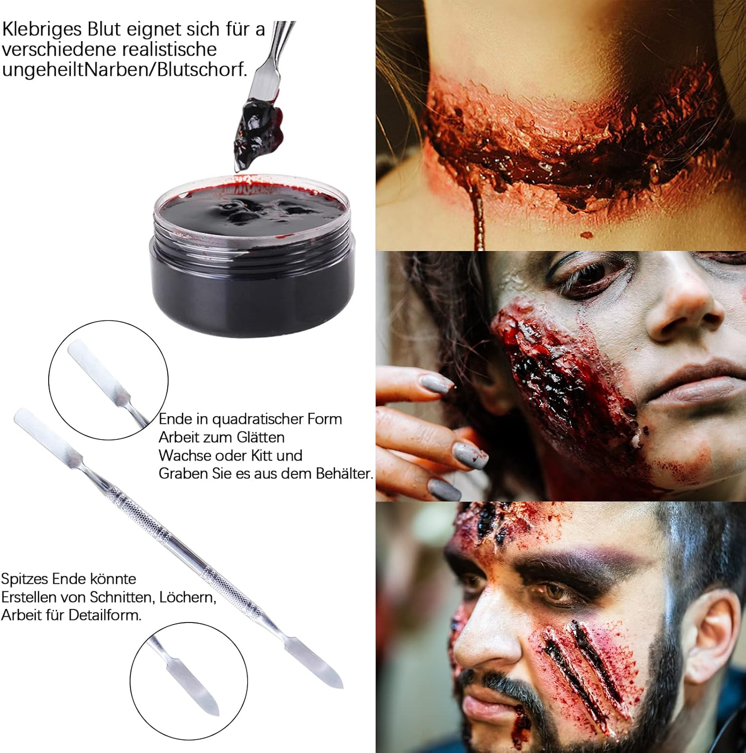 Halloween Make up Set, Artificial Blood, Encrusted Artificial Blood, Skin Wax & 12 Colours Face Painting & Sponge & Brush, for Halloween Parties, Costume Parties, Carnival, Zombie Vampire Wounds, Scars Make-Up image number 2