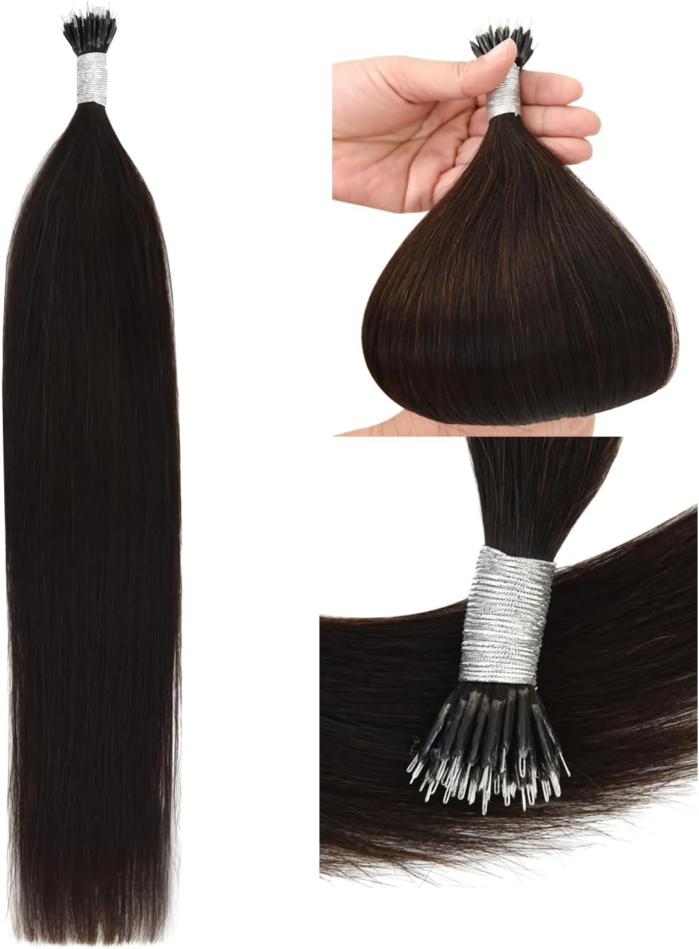 Nanoring Extensions Real Hair Nano Extensions Real Hair Nano Ring 50 G Hair Extensions Nano Tip Hair Extensions (40 Cm #2 Dark Brown)