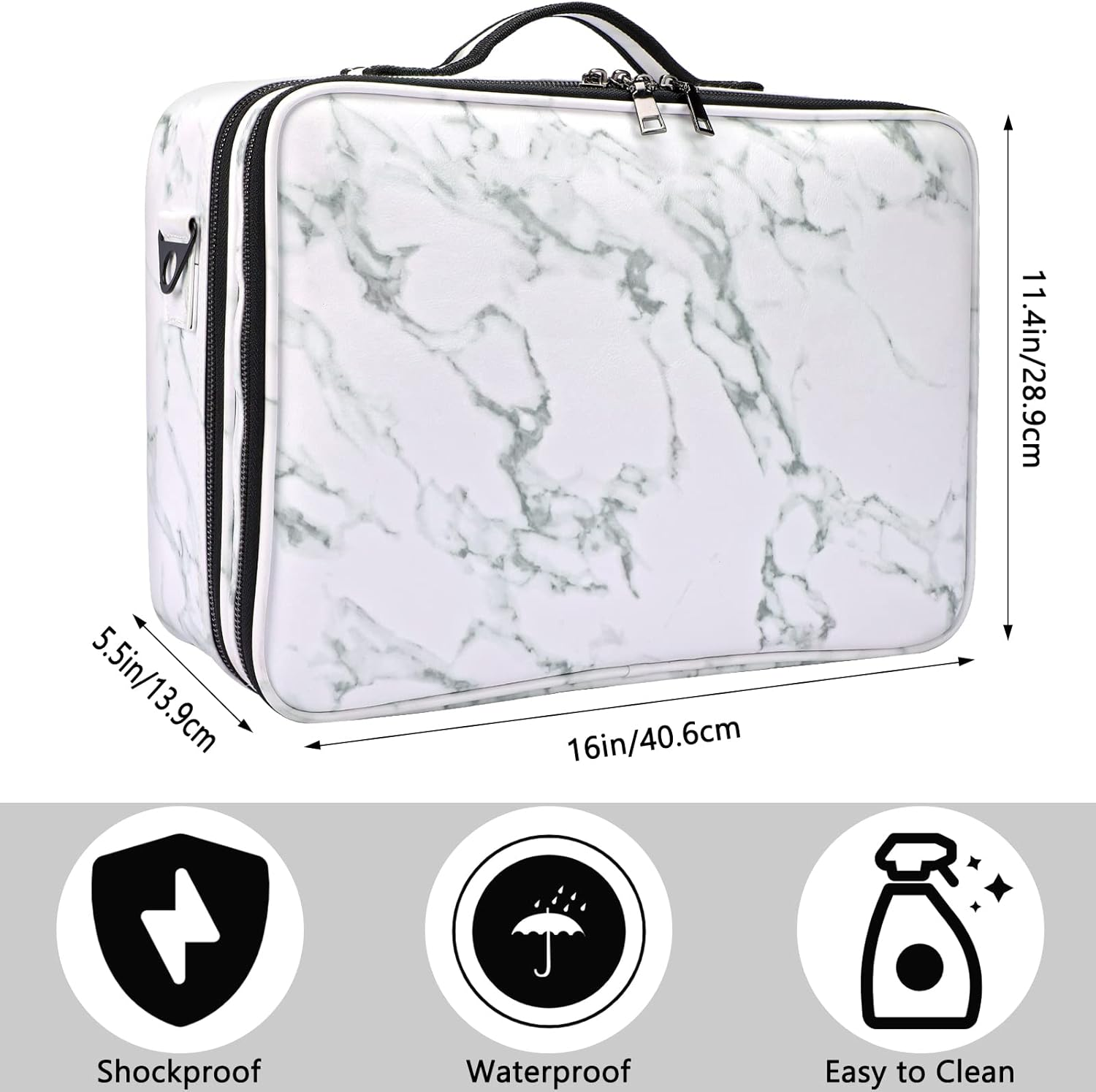 Makeup Case Travel - Large Makeup Bag 16" Professional Makeup Train Case with Adjustable Strap, Leather Makeup Artist Box for Hair Curler Hair Straightener Brush Set and Cosmetic, White Marble, image number 4