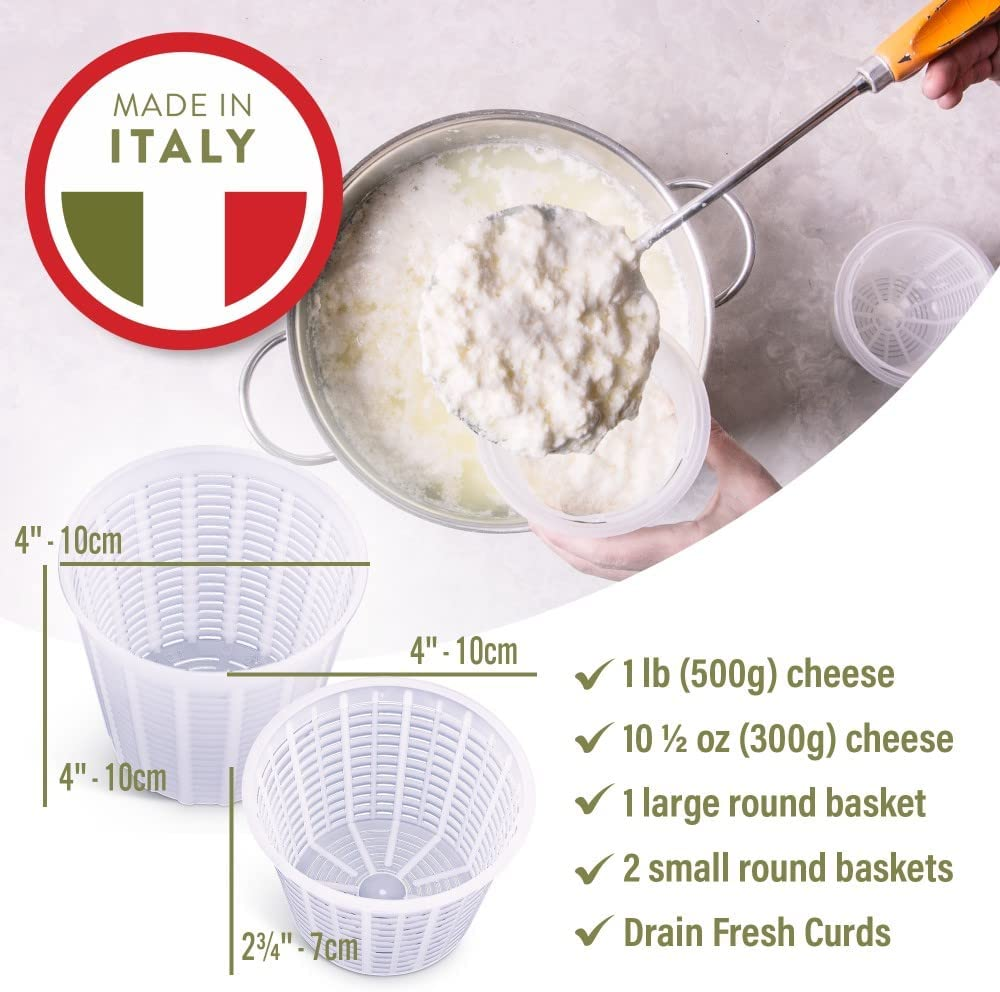 Easy Cheesemaking Kit | 5 Cheese Molds + Cheese Making Book | Made in Italy | Recipes to Make Ricotta, Paneer, Goats Cheese, Quark, and More | Professional Cheese Press Basket Mold Set of Strainers image number 4