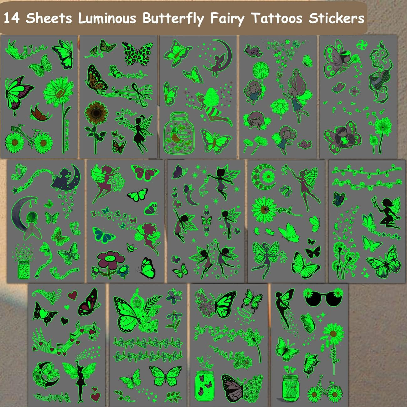 CHARLENT Luminous Butterfly Tattoos for Kids - 14 Sheets Glow in the Dark Butterfly Fairy Temporary Tattoos for Girls Birthday Party Favors Goodie Bag Fillers image number 2
