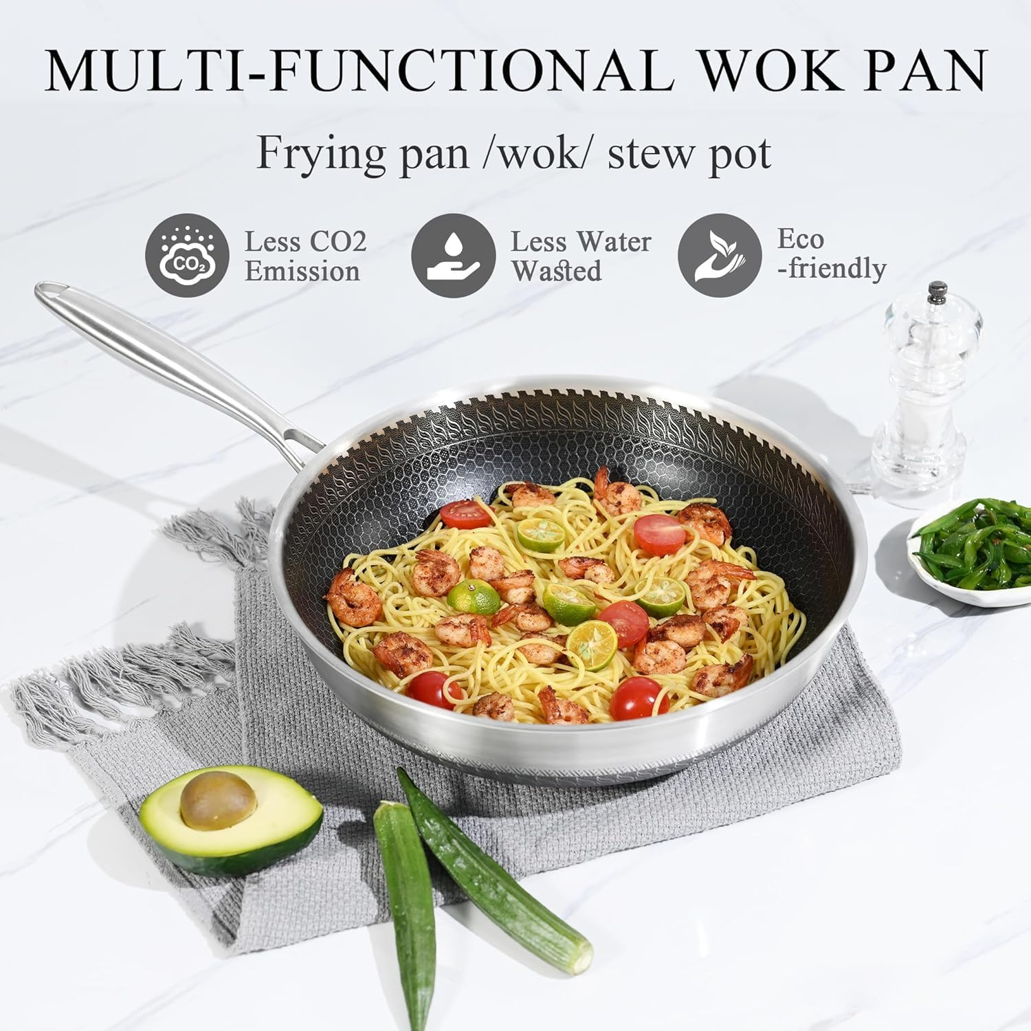 Wok with Oven-Safe Lid - anti Scratch Kitchen, for Saut&eacute;ing, Roasting, Broiling &ndash; Large 30Cm Stainless-Steel Skillet - German GREBLON Non-Stick Shield Technology image number 5