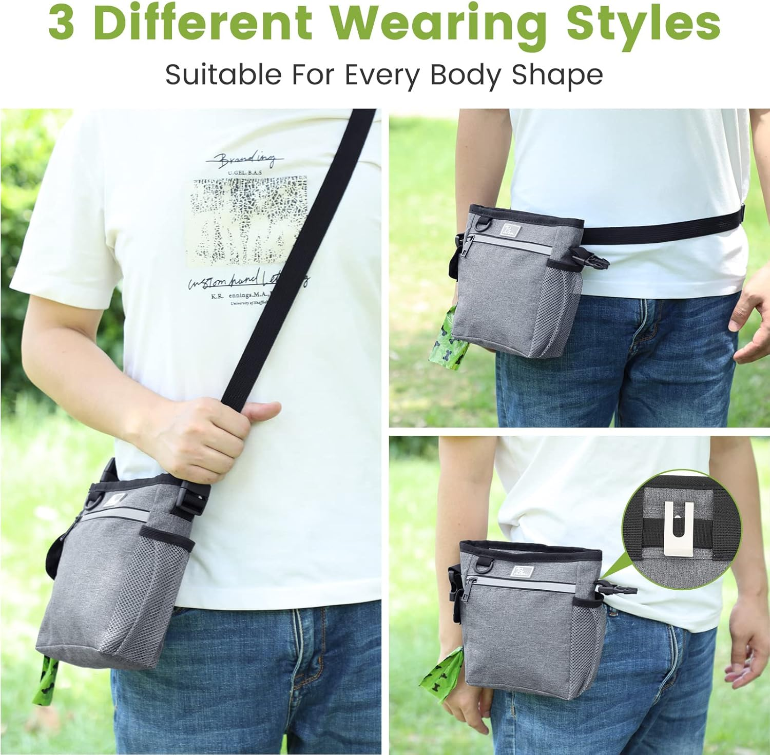 PETTOM Dog Treat Pouch Magnetic Closure, Large Dog Treat Bags for Walking with Removable Liner, Hands-Free Snack Bag for Dogs, Built-In Poop Bag Dispenser (Gray) image number 6