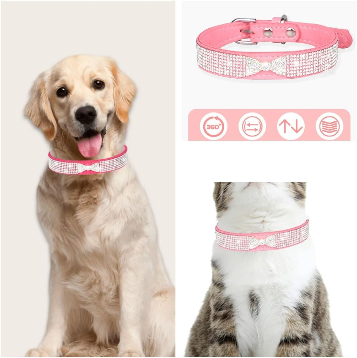 Rhinestone Sparkle Dog Cat Collar with Diamond Bowtie Bowknot Decoration, Adjustable for Small Medium Pets (Pink) image number 2