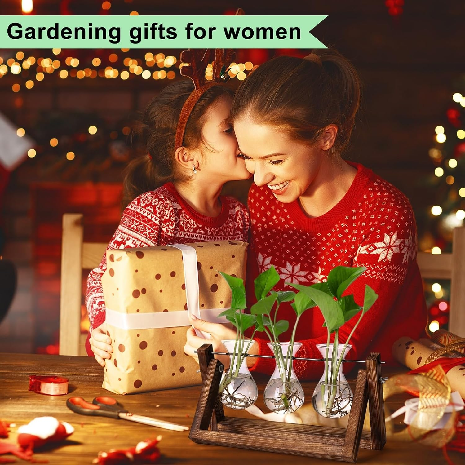 YIBOT Propagation Stations,Plant Terrarium with Retro Wooden Stand,Unique Gardening Birthday Gifts for Women Plant Lovers,Hydroponics Plants Home Office Garden Decor-3 Bulb Glass Vases image number 1