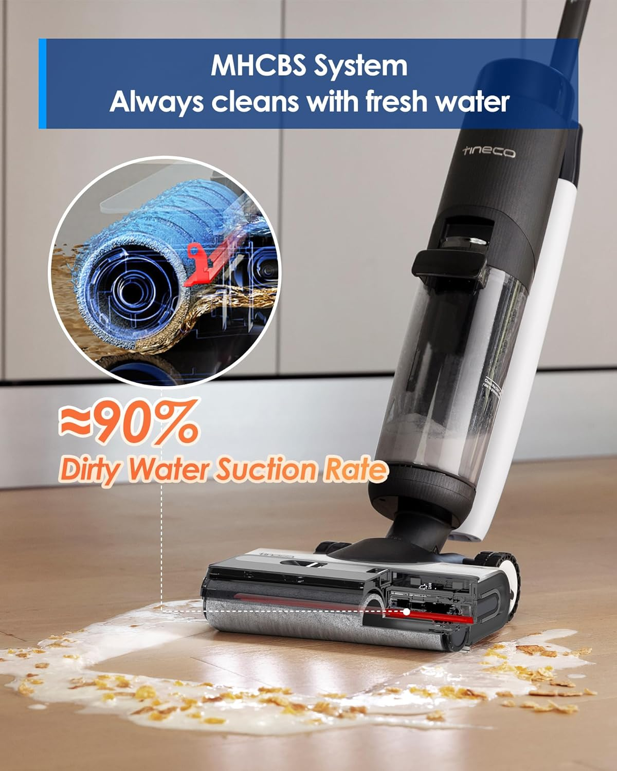 Tineco Floor ONE S7 Flashdry Smart Cordless Wet Dry Vacuum Cleaner, Long Run Time, Great for Sticky Messes, Self-Cleaning, 70℃ Hot Air Flashdrying, Dual-Sided Edge Cleaning, Extended Battery Lifespan image number 4