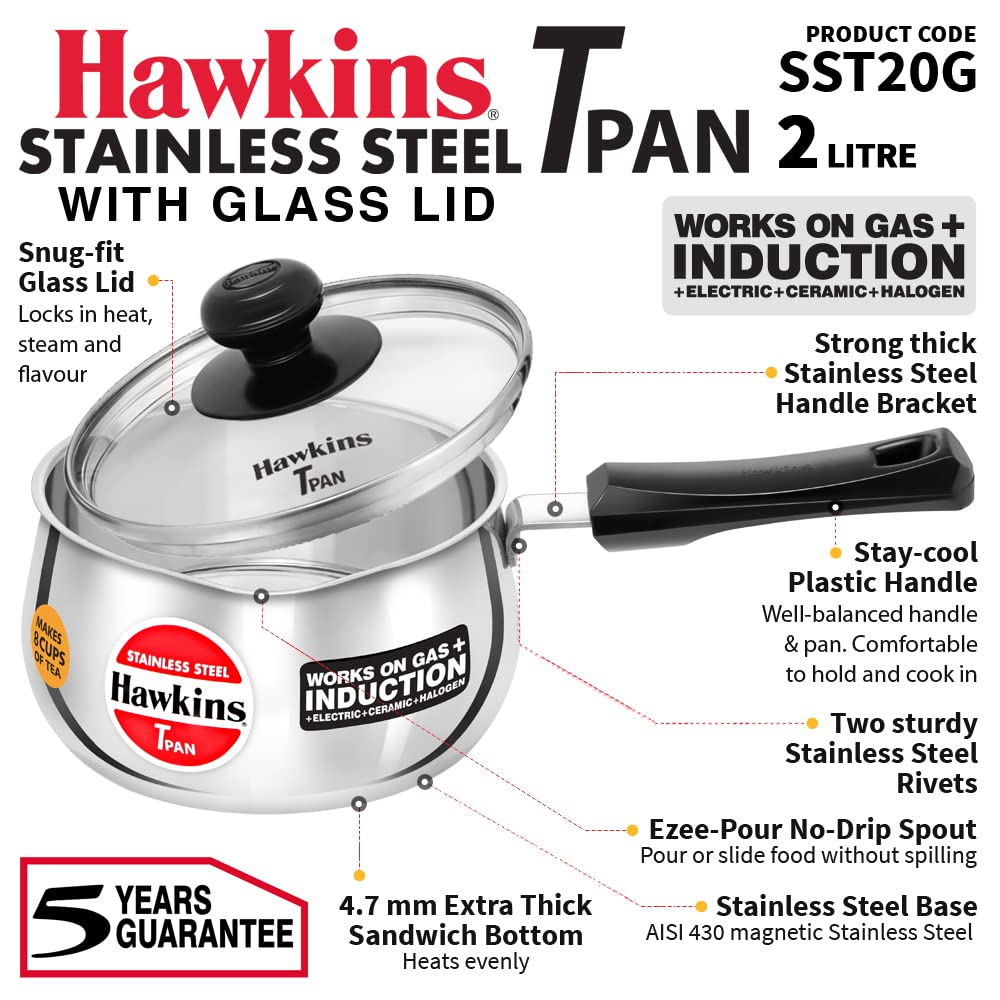 Hawkins Futura Steel Tea Pan with Glass Lid, 2.0 Litre Capactiy, Silver image number 1