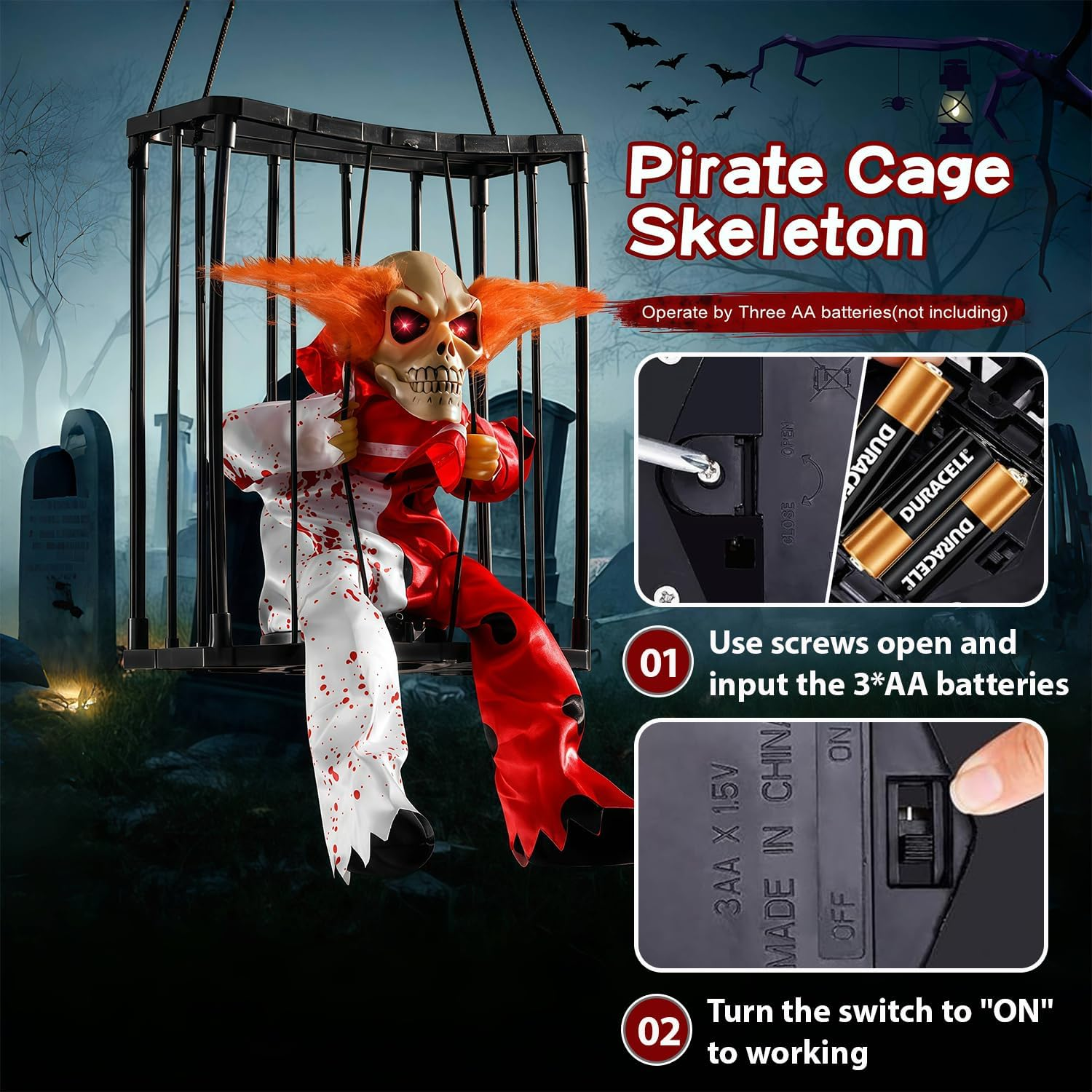 Halloween Decorations Outdoor Animated Halloween Decor Scary Skull Cage Prop with Sound & Motion Activated Spooky Hanging Ghost Decoration for Haunted House Indoor outside Home Decor image number 1