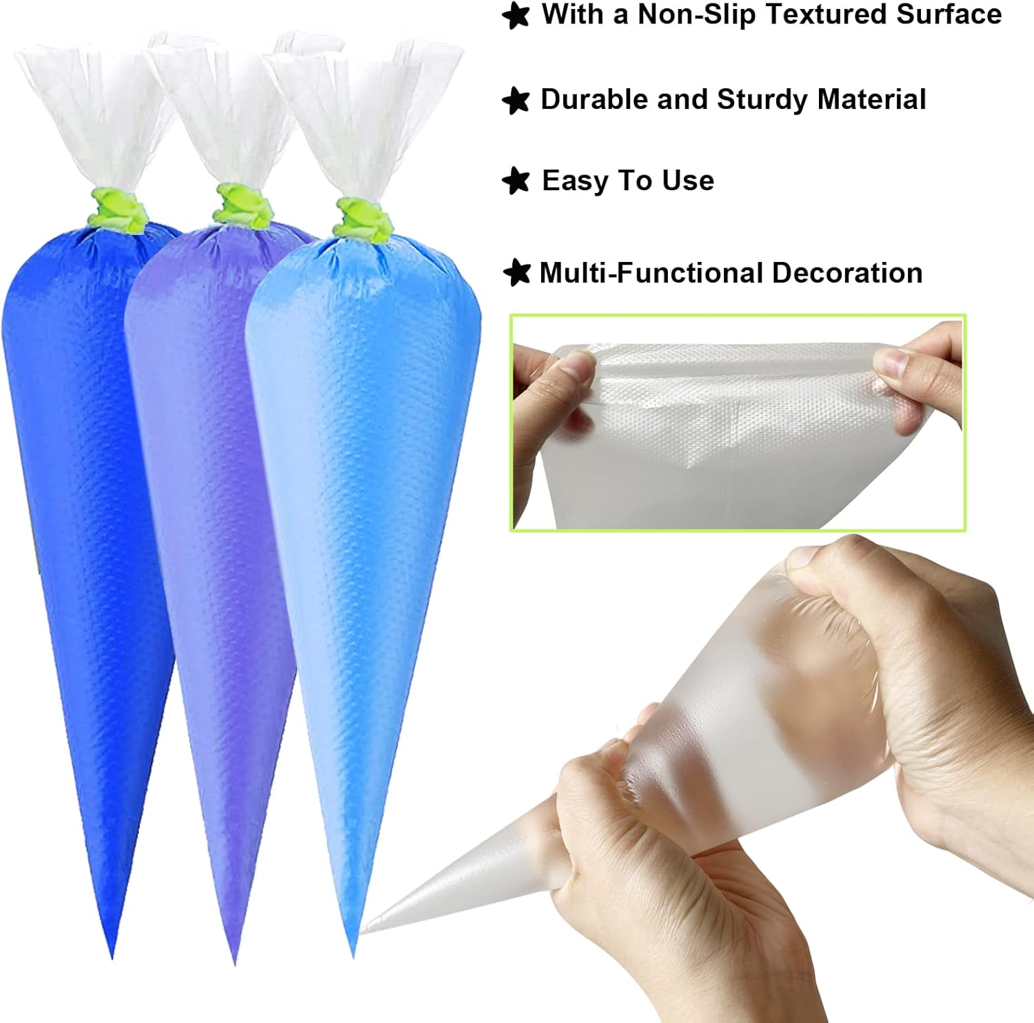 Makmeng 120Pcs Tipless Piping Bags, 100Pcs 12Inch Disposable Pastry Bags for Royal Icing Cookies Decorating - Icing Frosting Bags and Tips Set with 10 Bags Ties, 3 Cookie Cutters & 2 Scriber Needle image number 2