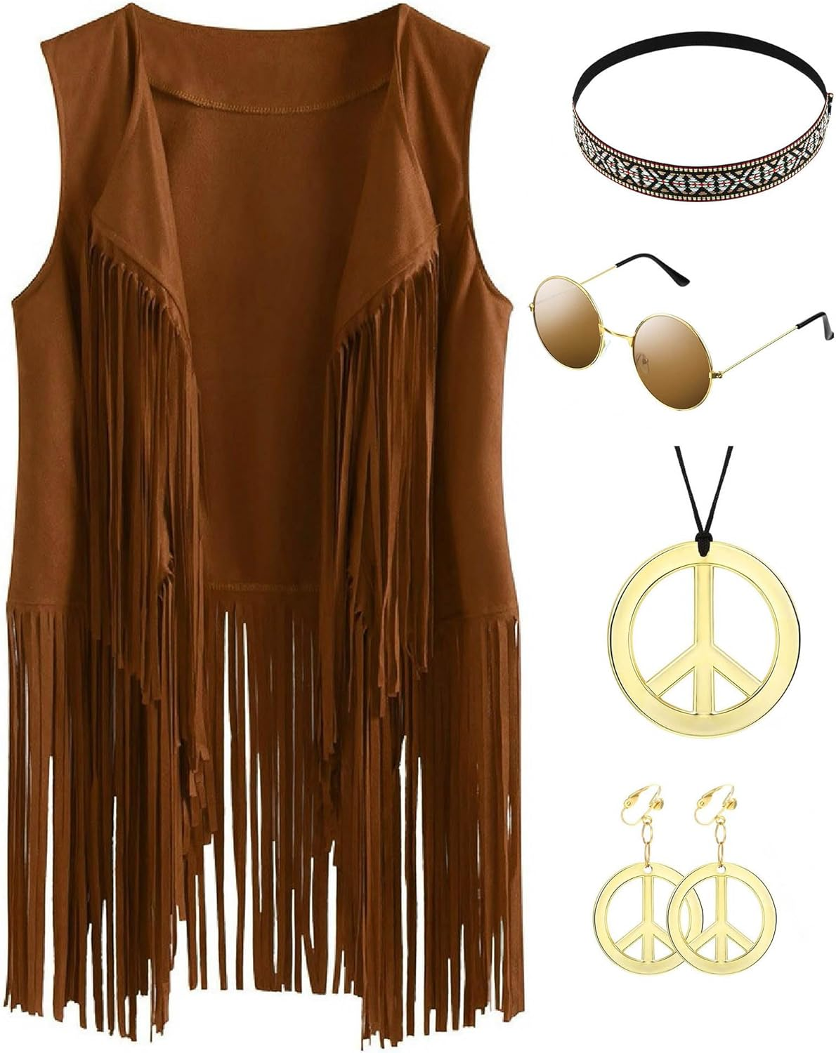 70S 80S Hippie Costume Women Fringe Vest Set Cowgirl Costume 70S Disco Outfit with Accessories, Earrings,Headband