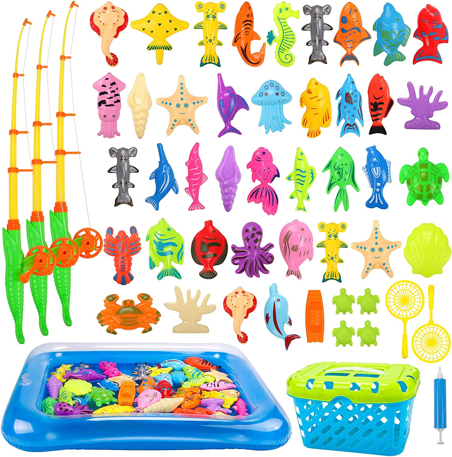 REMOKING Kid Toys 52PCS Fishing Game,Magnetic Toys with Ocean Sea Animal,Fishing Poles,Nets,Inflatable Pool,Toddlers Bathtub Outdoor Carnival Party Set,Gifts for Kids 3-6 Years Old(With Basket) image number 6