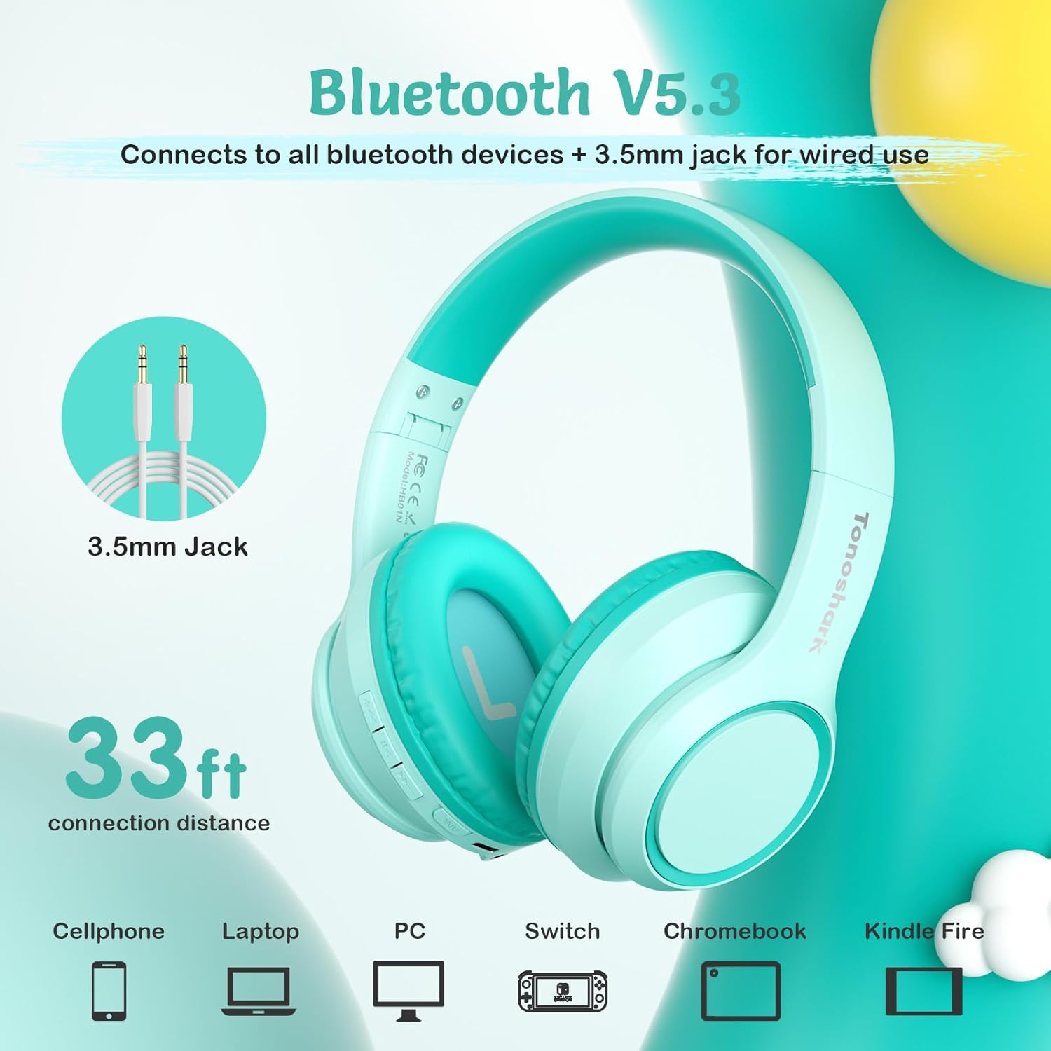 Active Noise Cancelling Headphones for Kids, 60H Playtime, Wireless Bluetooth Over-Ear Blue Headset Built-In Microphone for Home/School/Travel/Party - Includes Portable Case (Green) - Blue image number 3