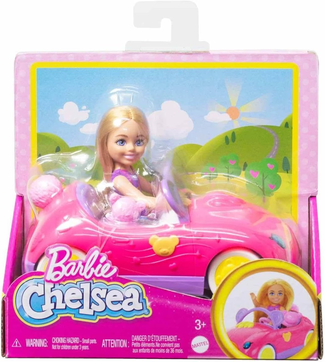 Barbie Chelsea Doll & Toy Car Set with Bear-Themed Convertible & Teddy Bear Accessory, Blonde Small Doll Wears Removable Skirt & Shoes