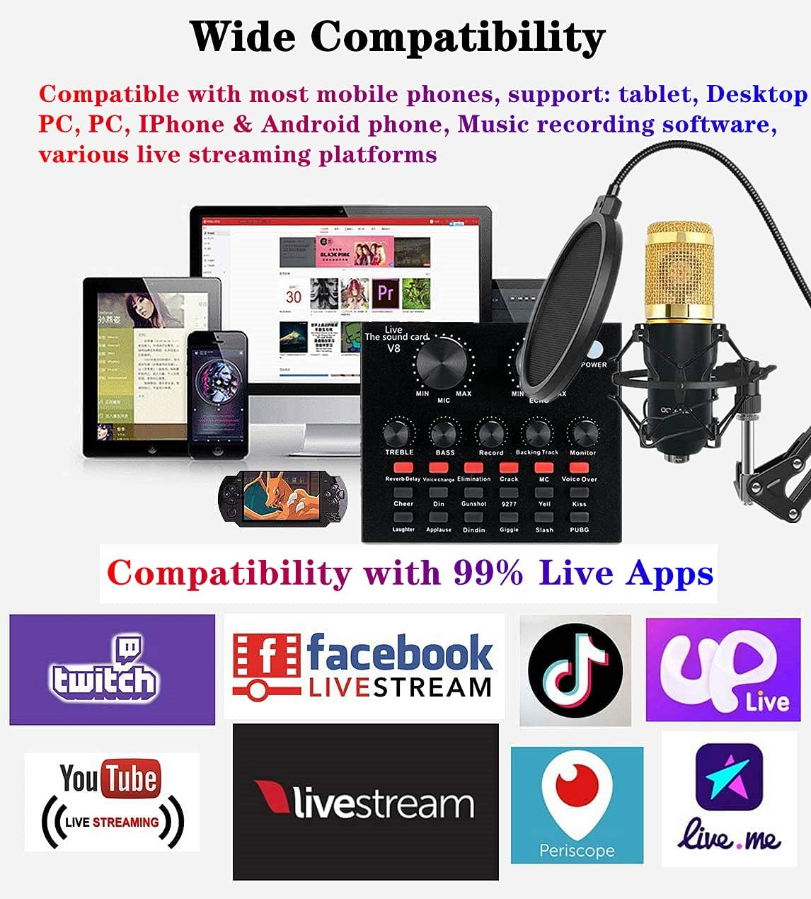 Podcast Equipment Bundle, BM-800 Recording Studio Package with Voice Changer, Live Sound Card - Audio Interface for Laptop Computer Vlog Living Broadcast Live Streaming Youtube Tiktok (AM100-V8) image number 3