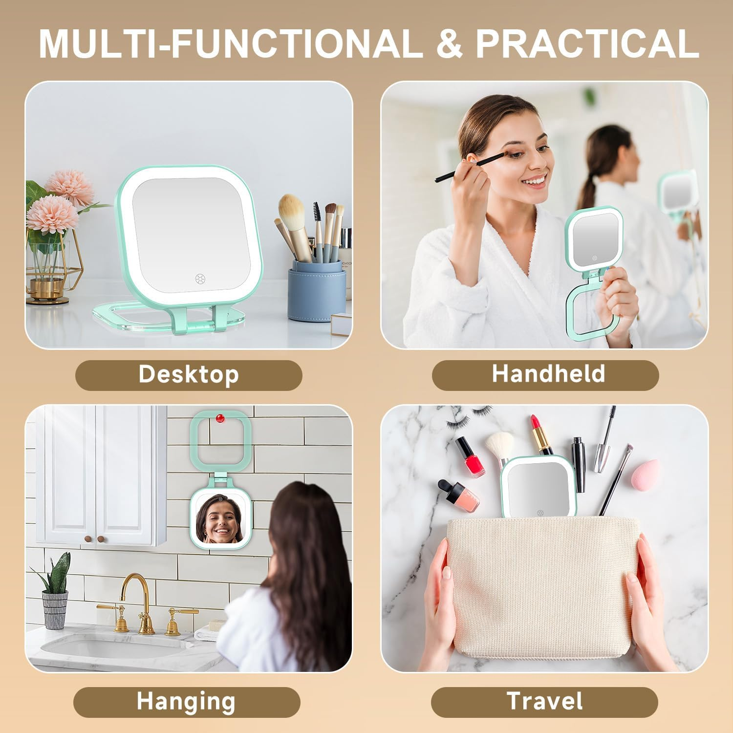 Mocado Compact Travel Makeup Mirror, 1X/30X Magnifying Mirror with Light, Double Sides Compact Mirror with 3 Color Light, Dimmable Handheld Mirror, Rechargeable Travel for Purse,Pocket(Green) image number 2