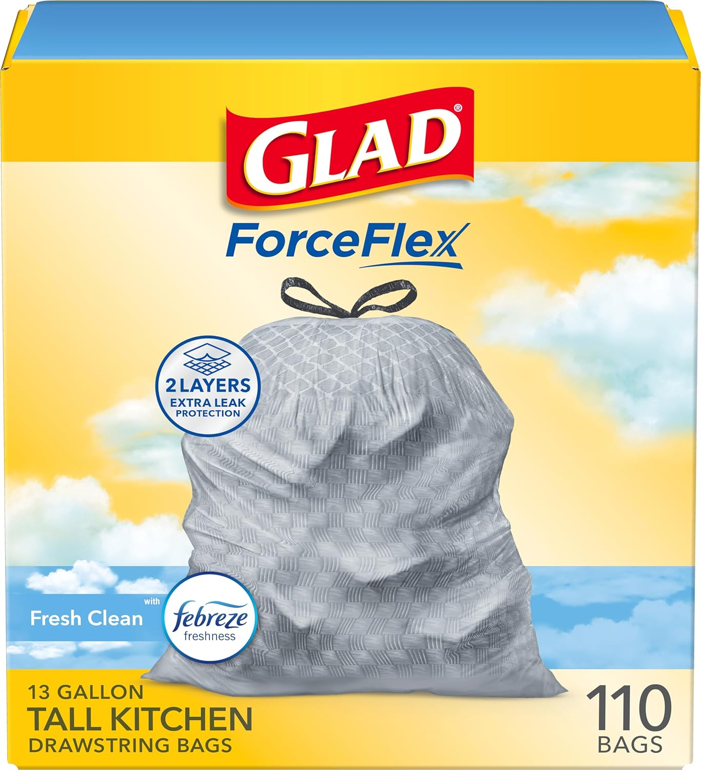 Glad Tall Kitchen Drawstring Trash Bags - Odorshield 13 Gallon White Trash Bag, Febreze Fresh Clean, White, Not Applicable, Febreze - Fresh Clean, 110 Count image number 2