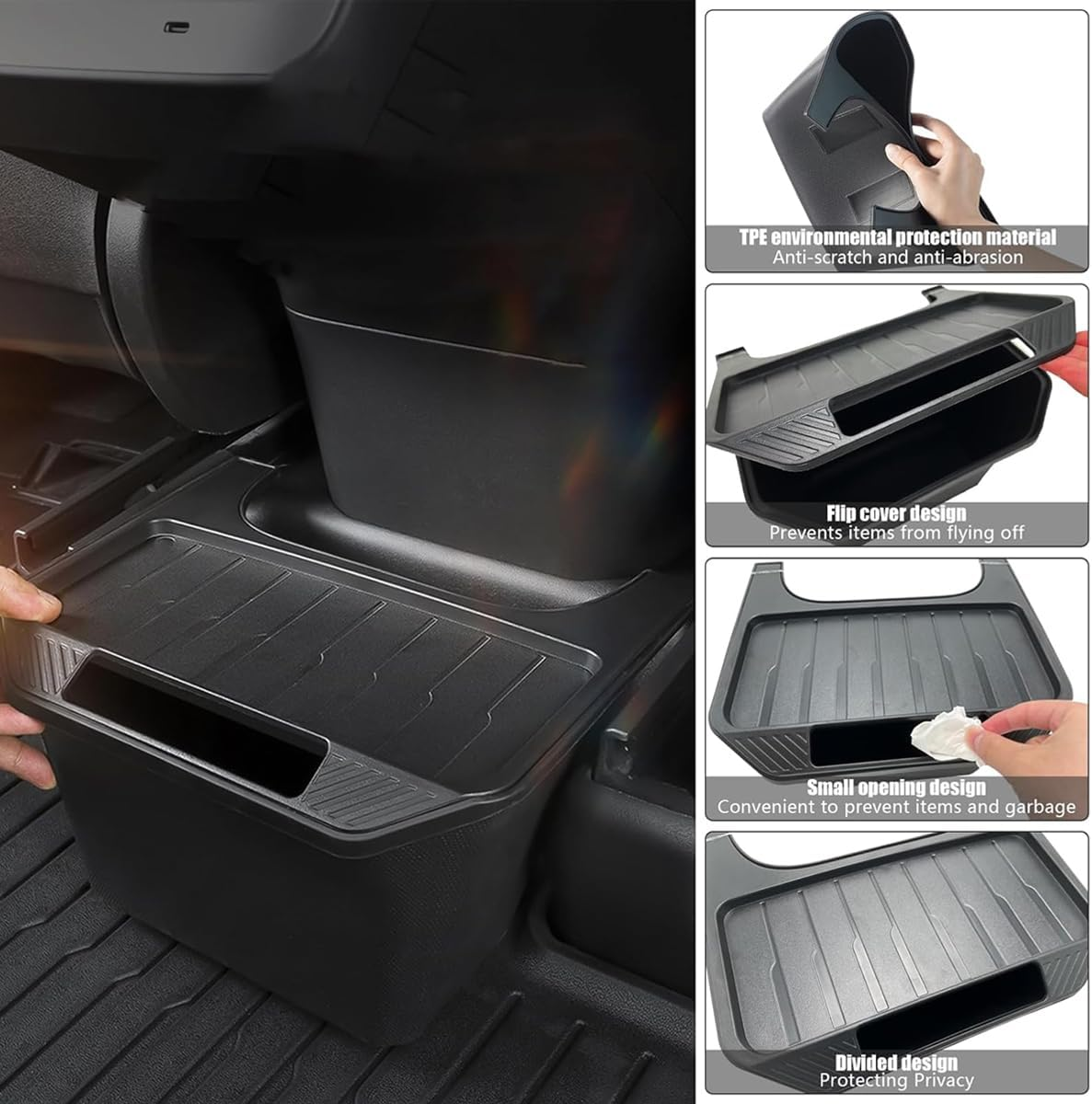 AIMALL Rear Seat Storage Box for Tesla Model Y Model 3 &ndash; TPE Car Trash Can with Flip Lid, Multipurpose Rear Console Organizer for Cans Umbrellas & More image number 4