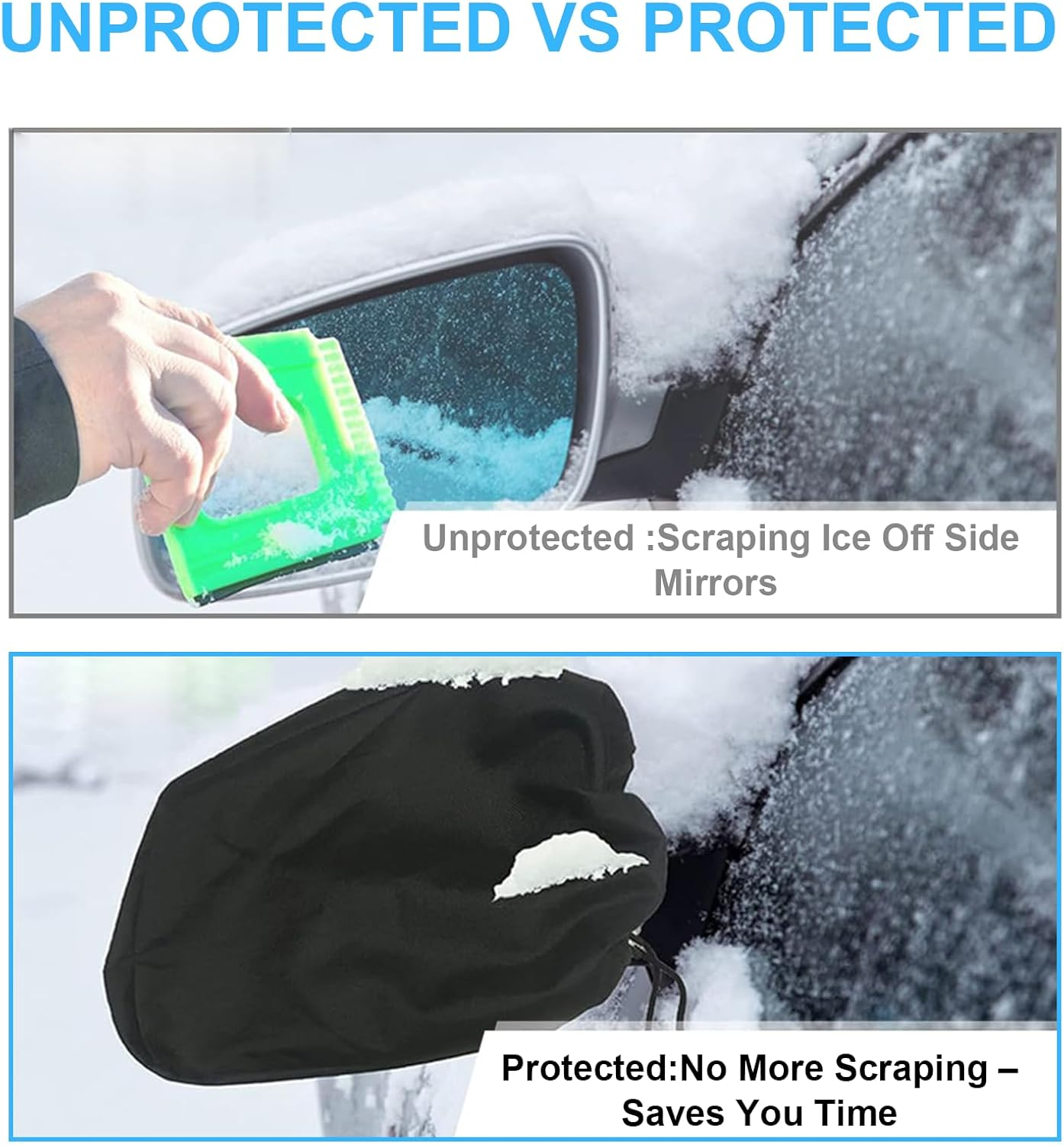 Side Mirror Cover, 4PCS Car Side Mirror Snow Cover Protects from Ice Snow Frost Dew Rain Bird Poop, Auto Rearview Protection Cover Universal Size for Cars, Black image number 3