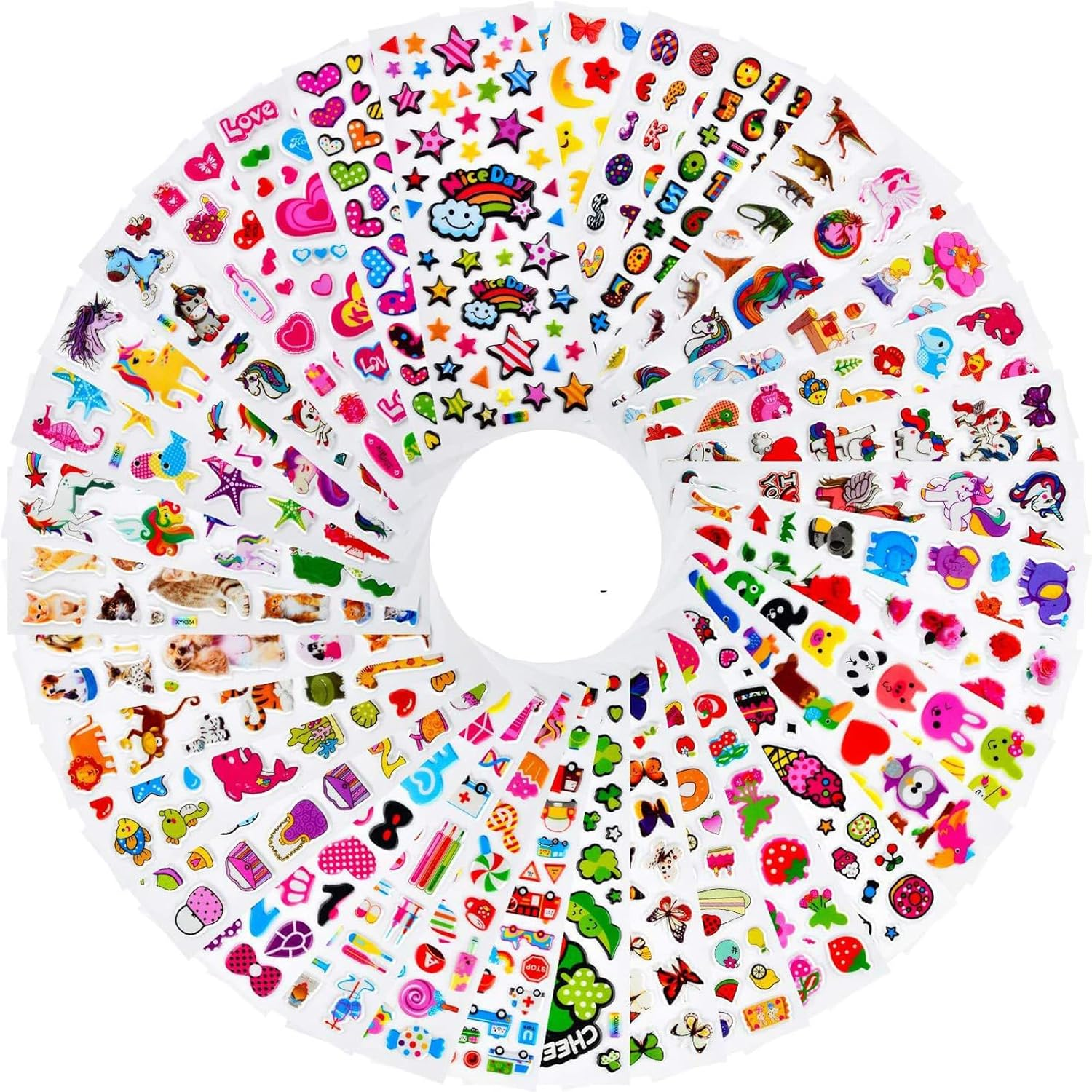 44 Sheets (1100+) Puff Stickers, Bulk Preschool Stickers for Rewards, Crafts, Scrapbooking Numbers and Letters Fish Vehicles Numbers Heart Fruit Dinosaur Butterfly Dessert Animals