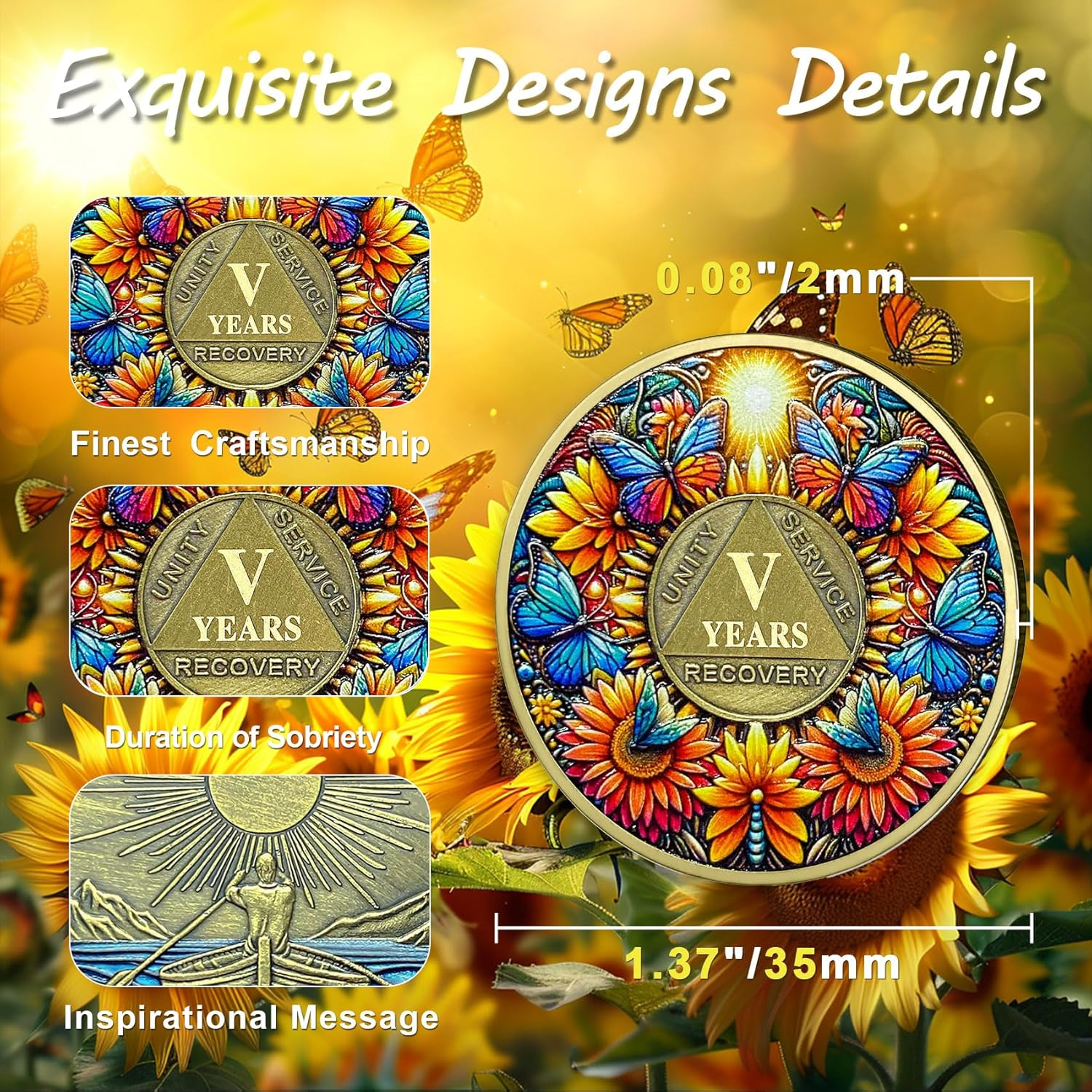 ACGZQY Sobriety Coin, 5 Year Sunflower Butterfly Sobriety Chip AA Coin and Medallions One Day at a Time Sober Token Narcotics Alcoholics Anonymous Recovery Gifts image number 2