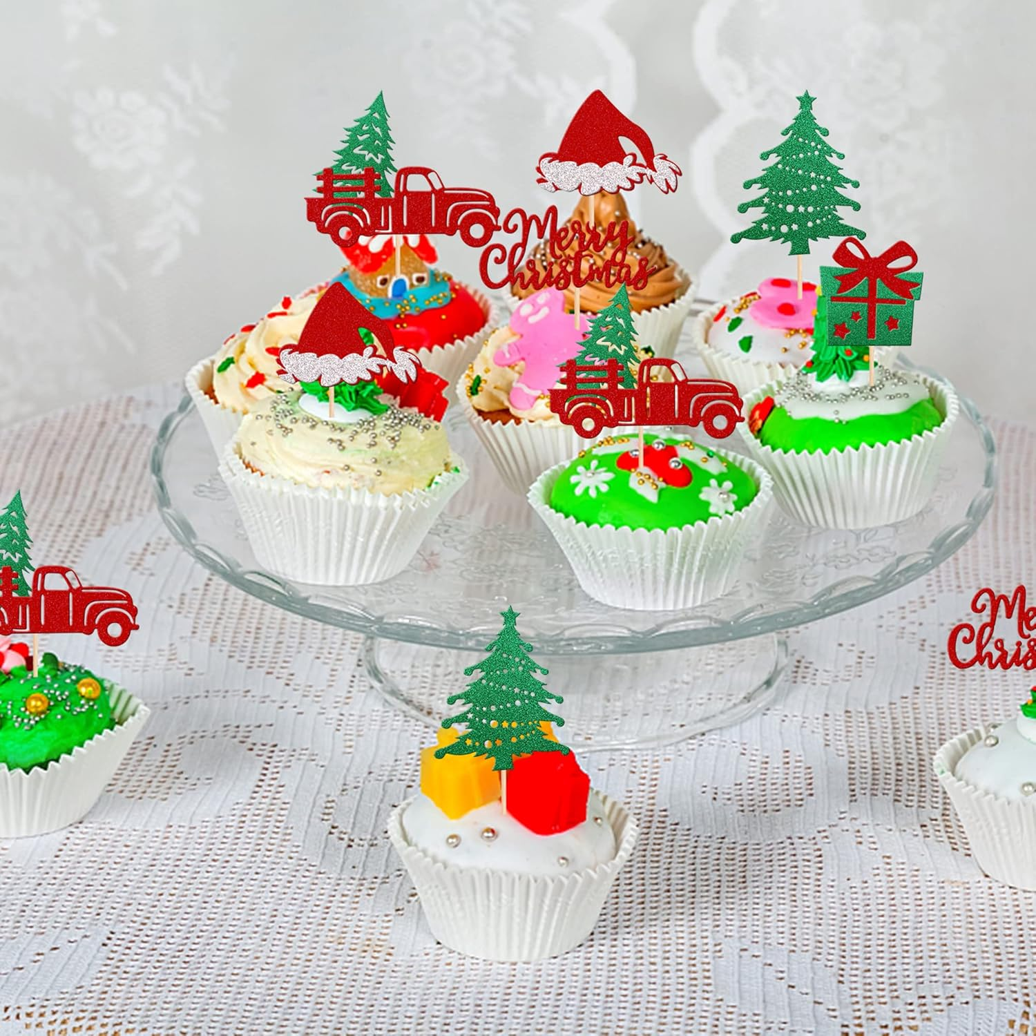 30 Pack Christmas Cupcake Toppers Glitter Christmas Truck Tree Hat Cupcake Picks Gift Box Cake Decorations for Christmas Theme Baby Shower Birthday Merry Christmas Party Supplies image number 1