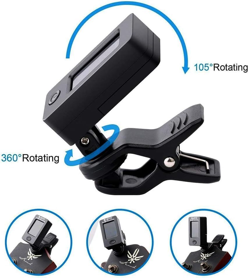 Professional Guitar Tuner Clip On,Digital Electronic Tuner for Guitar, Bass, Ukulele, Violin, Mandolin,Easy to Use (Black) image number 2