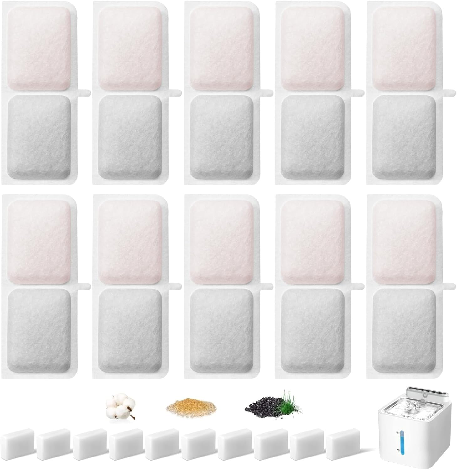 Hantoc Pack of 20 Replacement Filters for Drinking Fountains, Cat Fountains, 10 Pieces Carbon Filters and 10 Pieces Foam Filters for 3.2 L Battery Operated Cat Water Fountain P08 Replacement Filter image number 5