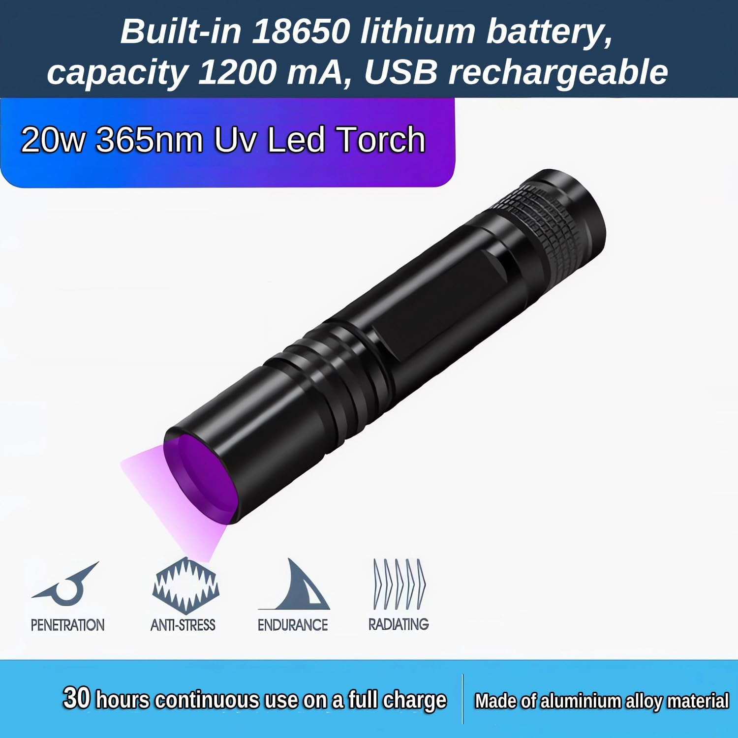Black Light Torch,Uv Light,10W 365Nm Uv Led Torch USB Rechargeable,Detector for Dog Urine,Pet Dry Stains,Cat Fungus,Fishing image number 2