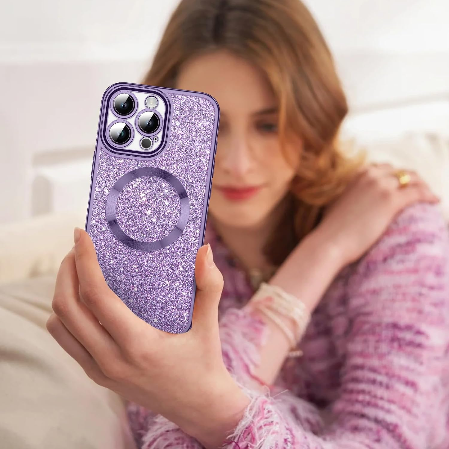 Gaobao Magnetic for Iphone 16 Pro Max Case, [Compatible with Magsafe] Luxury Sparkle Shiny Full Body Protective Slim Fit Phone Cases Covers for Iphone 16 Pro Max 6.9 Inch 2024, Purple Glitter image number 3