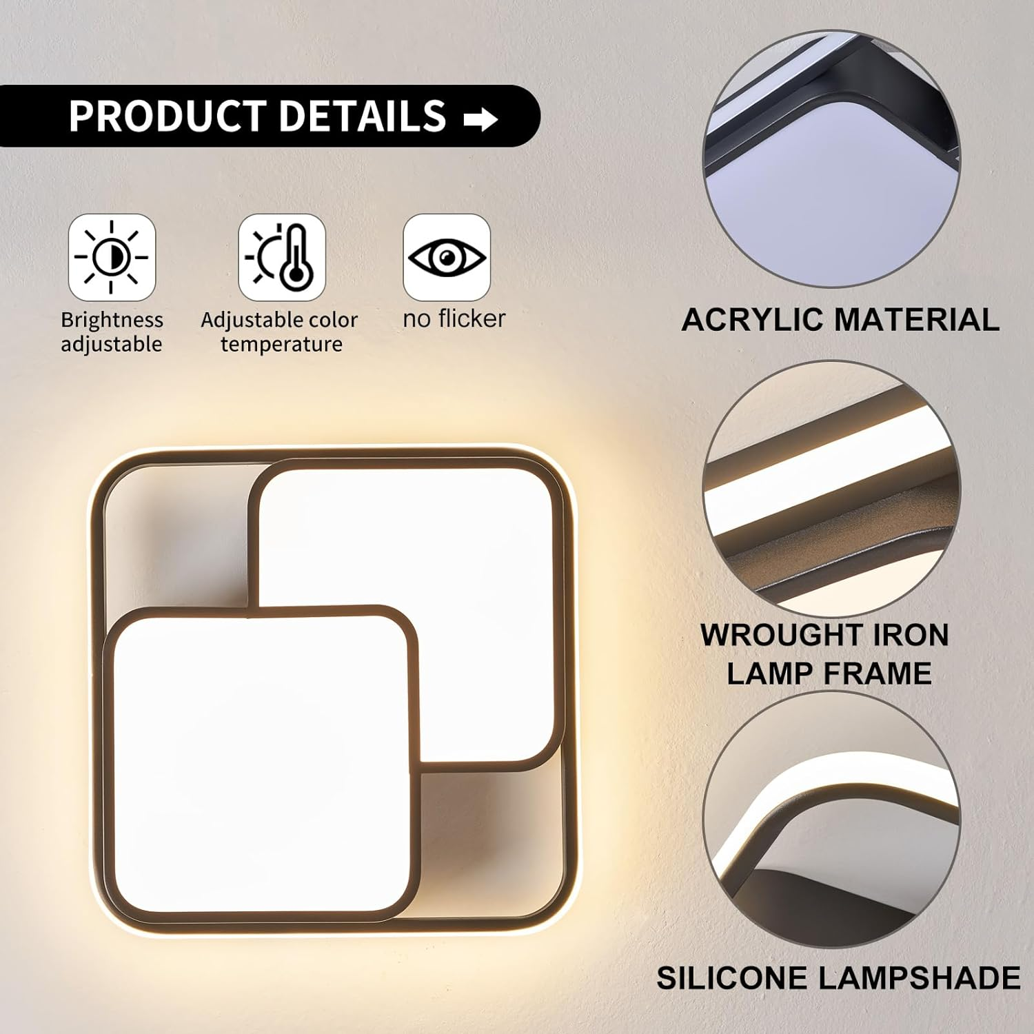 Modern LED Ceiling Light Fixture, Dimmable Black Flush Mount Ceiling Light with Remote, 60W Upgraded Square Bedroom Ceiling Lamp LED Chandelier for Living Room Kitchen Hallway,15.7'' image number 6