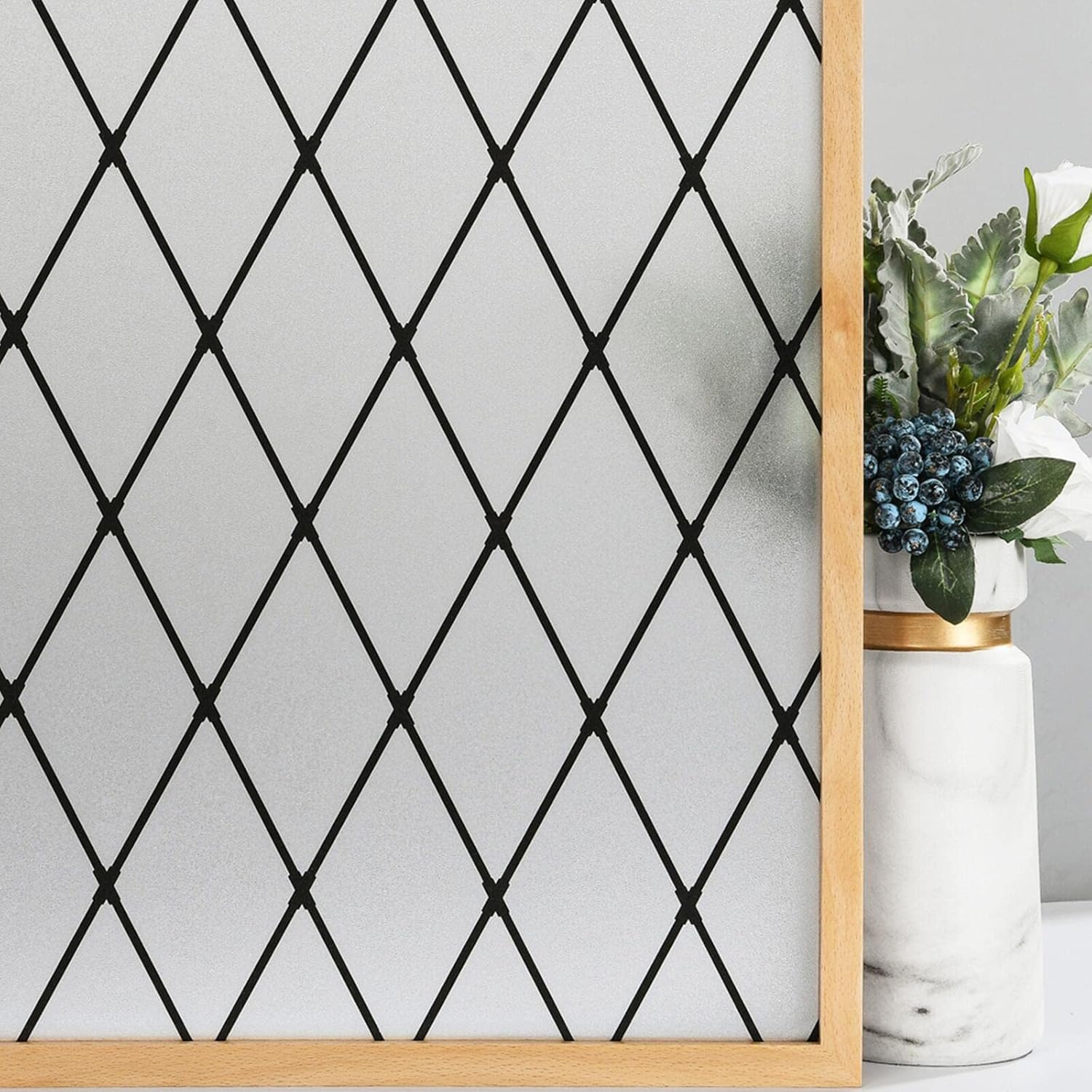 VELIMAX Frosted Black Lattice Window Film Static Cling Window Privacy Films Decorative Glass Vinyl Film for Windows Removable Sun Blocking Anti-Uv 23.6X78.7 Inches image number 3