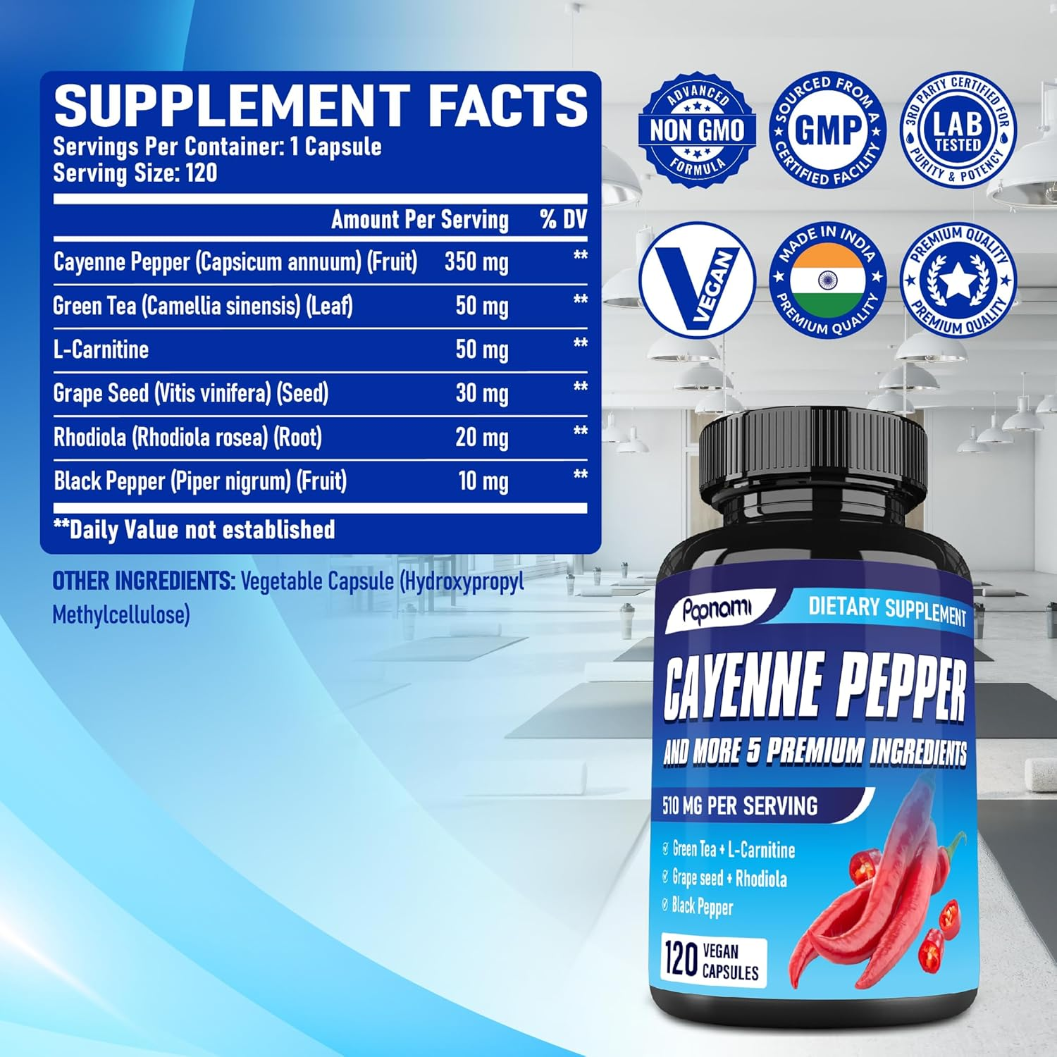 6In1 Cayenne Pepper Capsules - Blended with Green Tea, L-Carnitine, Grape Seed, Rhodiola & Black Pepper | 120 Count image number 1